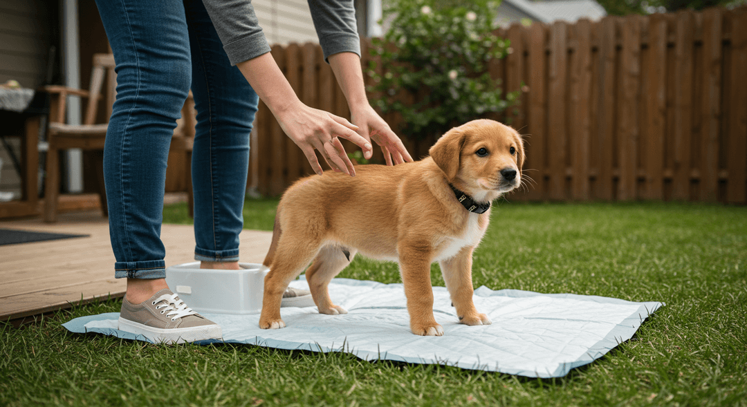 Bir köpek, apartmanda iç mekan tuvalet eğitimi alırken çiş pedinde duruyor. 