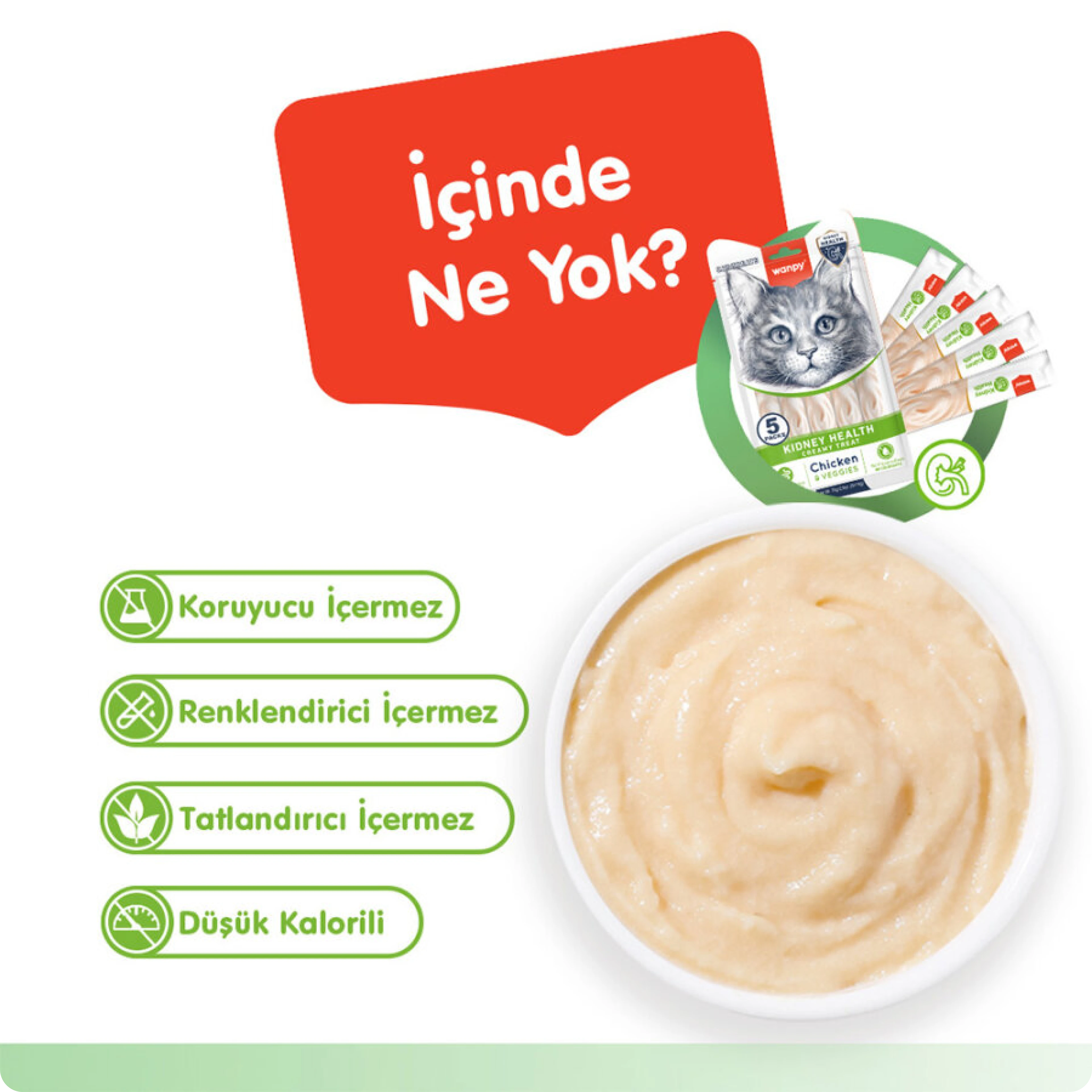 Wanpy Kidney Health Tavuklu ve Sebzeli Böbrek Sağlığı Desteği Krema Kedi Ödül Maması 14 gr (5'li)