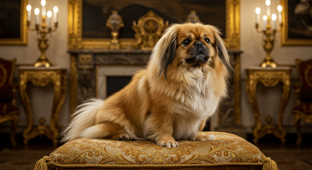 Tarihi saray atmosferinde, kadife yastık üzerinde oturan asil görünümlü Pekinez köpeği.