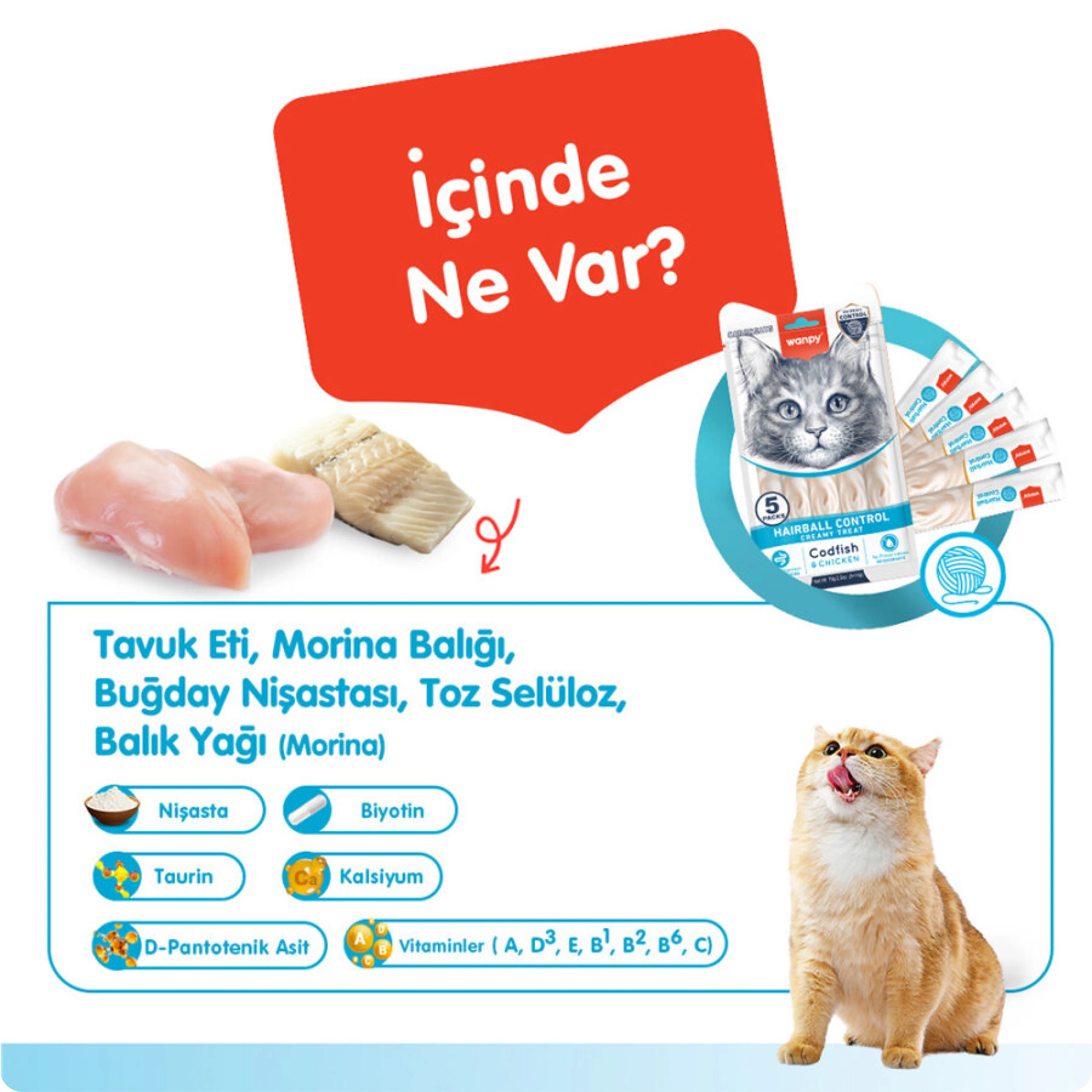 Wanpy Hairball Control Morinalı ve Tavuklu Tüy Yumağı Önleyici Krema Kedi Ödül Maması 14 gr (5'li)
