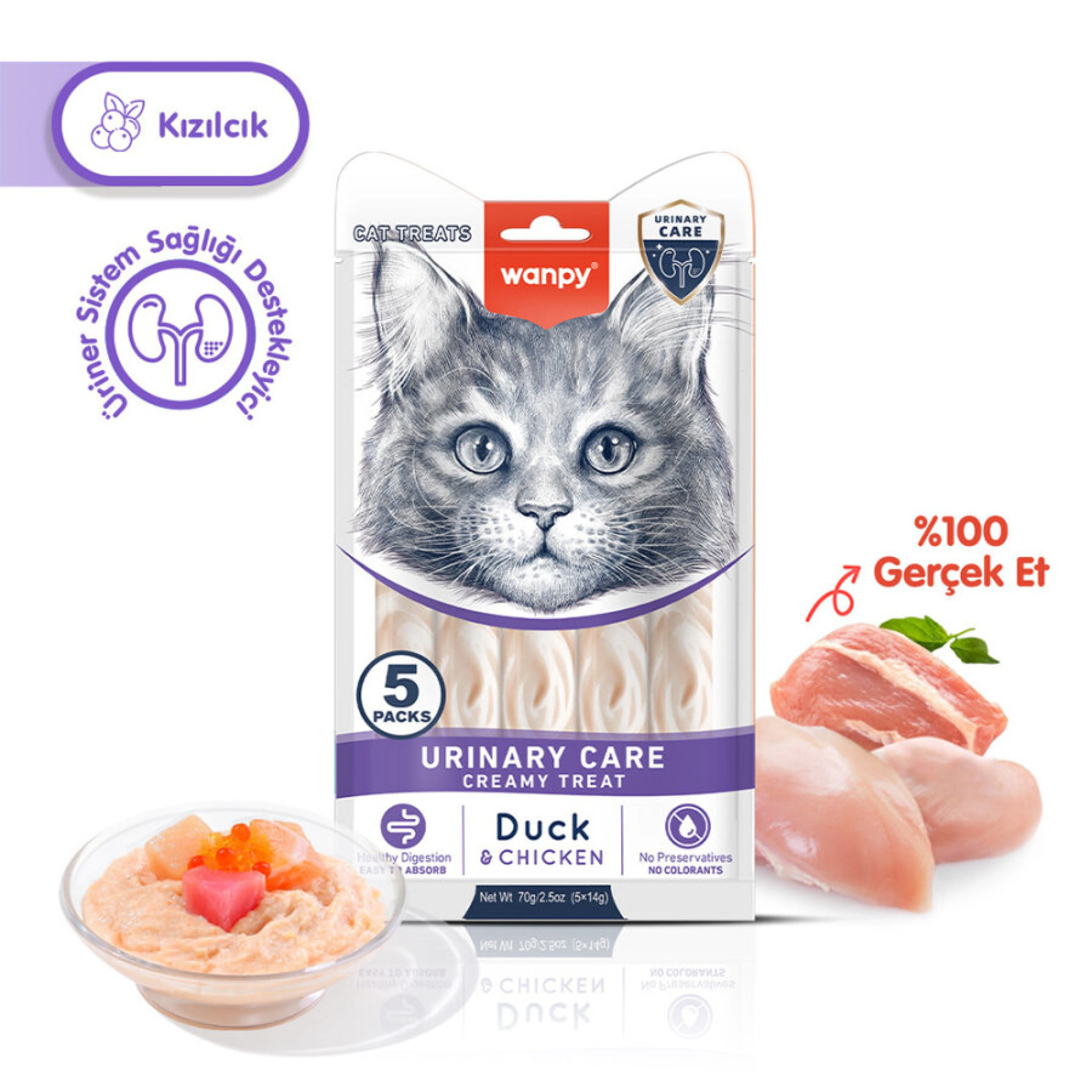 Wanpy Urinary Care Ördekli ve Tavuklu Üriner Sistem Desteği Krema Kedi Ödül Maması 14 gr (5'li)