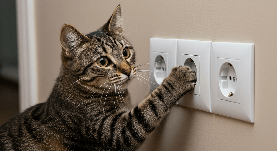 Elektrik prizine patisini sokmaya çalışan bir kedi, meraklı bir şekilde yaklaşırken.