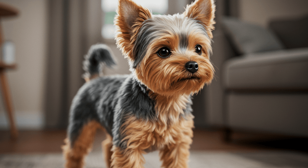 İpeksi ve uzun tüyleriyle Yorkshire Terrier, küçük ama enerjik yapısını vurgulayan canlı bir ifadeyle duruyor