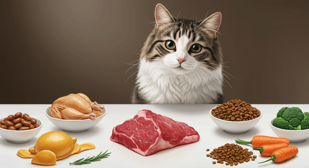 Sağlıklı ve mutlu bir kedi, temiz bir yüzeyde çiğ ete merakla bakarken, etrafında haşlanmış tavuk, kuru mamalar ve sebzeler gibi sağlıklı beslenme seçenekleri yer alıyor. Kedi dikkatli ama meraklı görünüyor. Ortam sıcak ve temiz, yumuşak ışıklarla aydınlatılmış. Çiğ et ile diğer güvenli besin seçenekleri arasındaki fark vurgulanmış, kedilerin doğal içgüdüleri ve sağlıklı beslenme alternatifleri arasındaki dengeyi gösteriyor.