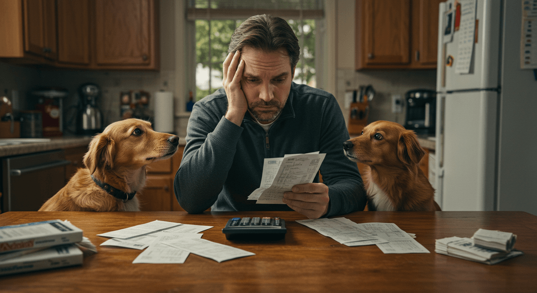 İki köpeğine bakan, masa başında faturalarla endişeli şekilde oturan bir evcil hayvan sahibi.