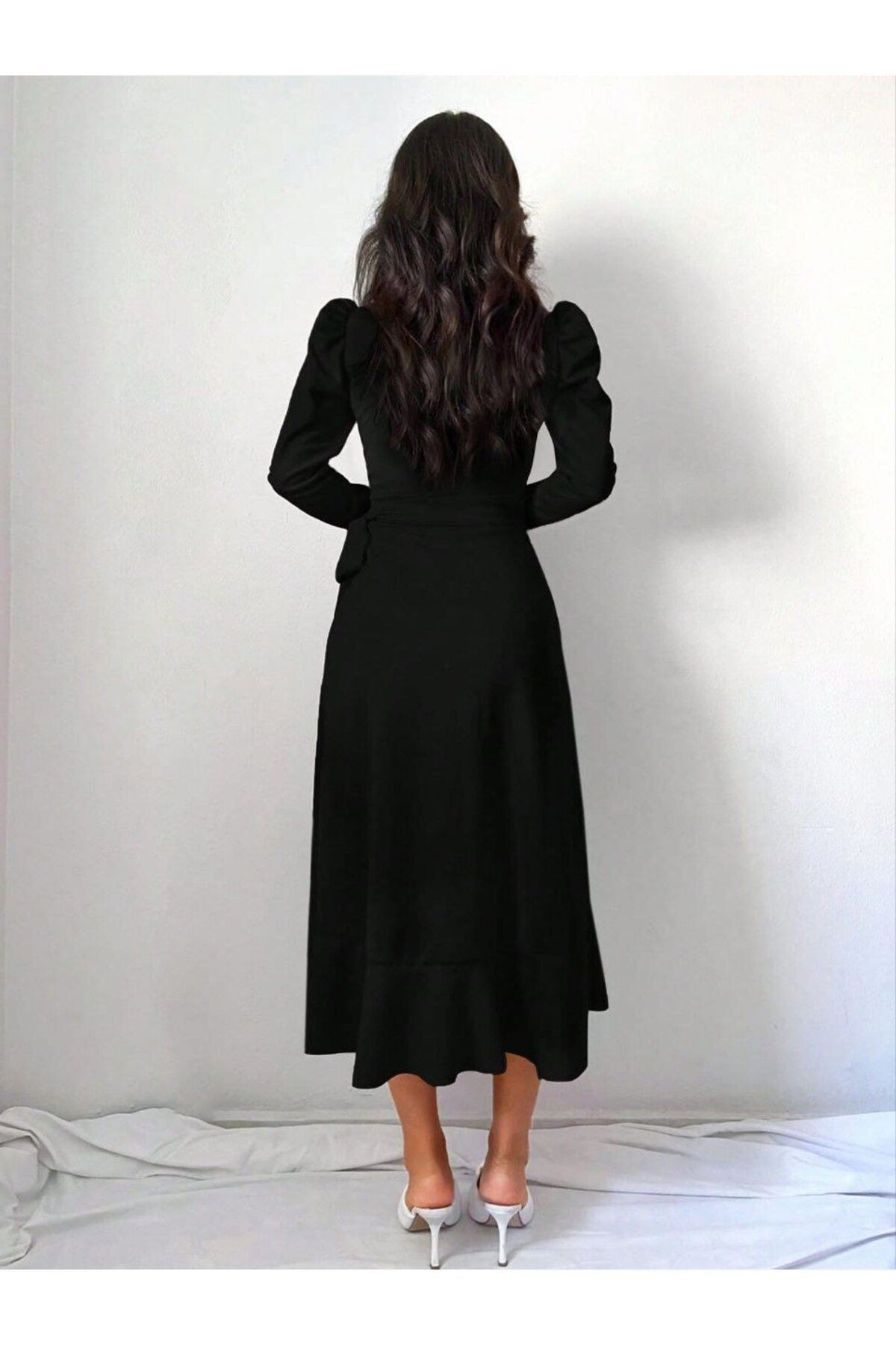 Kruvaze Yaka Uzun Kol Volanlı Kuşaklı Midi Boy Elbise Düğün Nişan Söz Mezuniyet Nikah