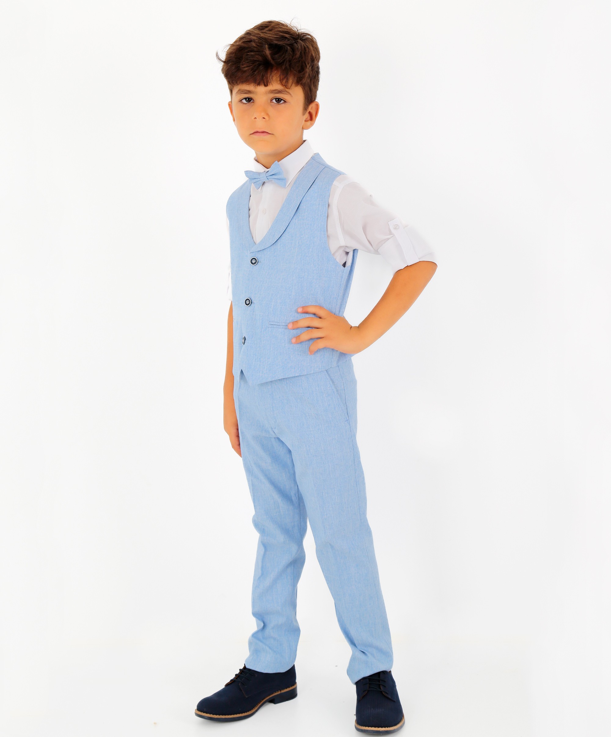 Erkek Çocuk 4 Parça Yelek Takım | Yelek, Pantolon, Gömlek, Papyon - Mavi