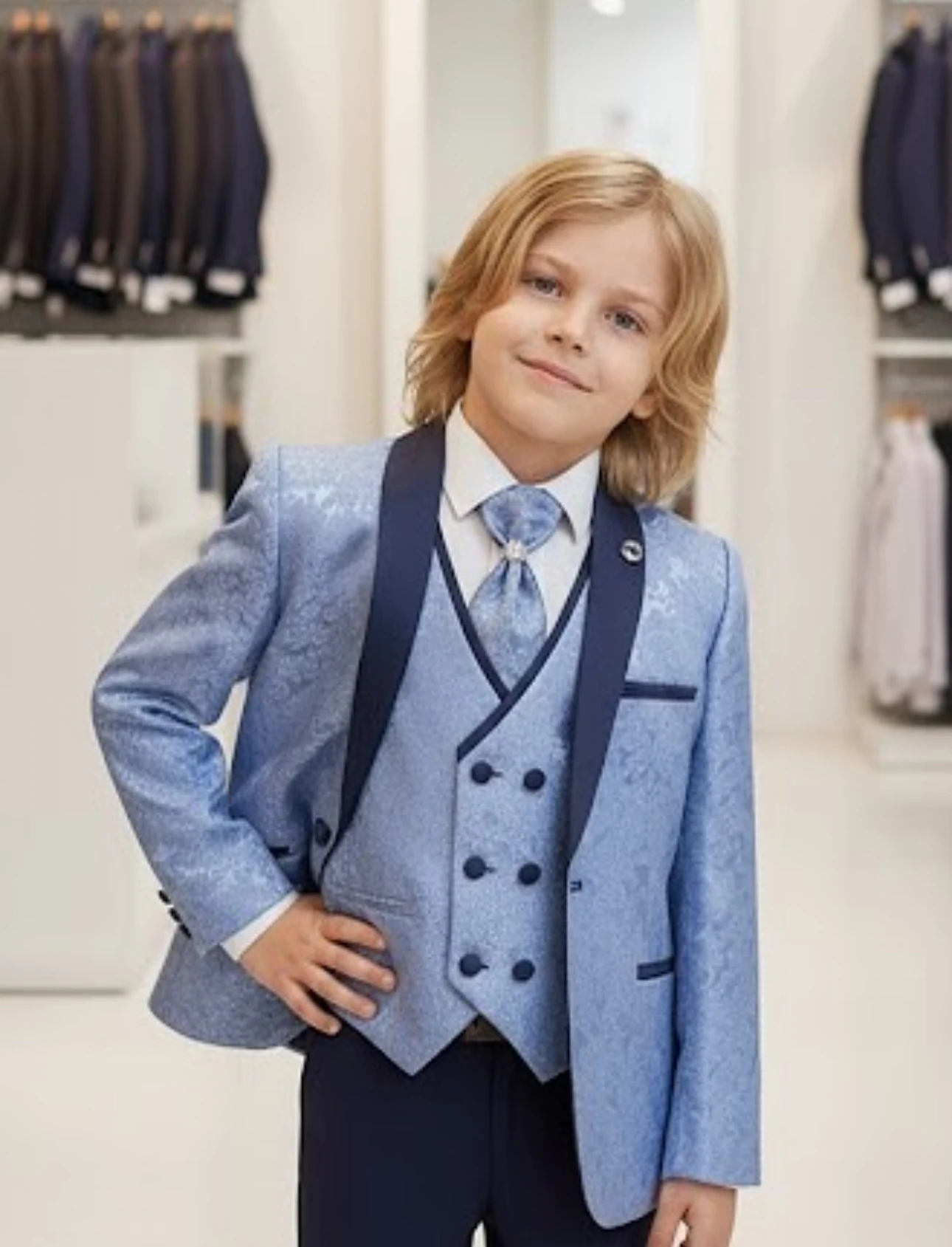 Flarlı Çocuk Damatlık Takım Elbise - 4 Parça - 6-10 Yaş - Peri Mavisi