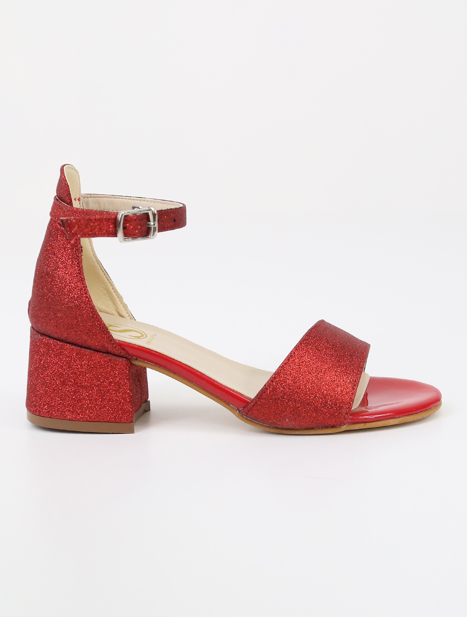 Kız Çocuk Simli Topuklu Sandalet - Hızlı Tak-Çıkar Kayışlı Abiye Ayakkabı - Kırmızı