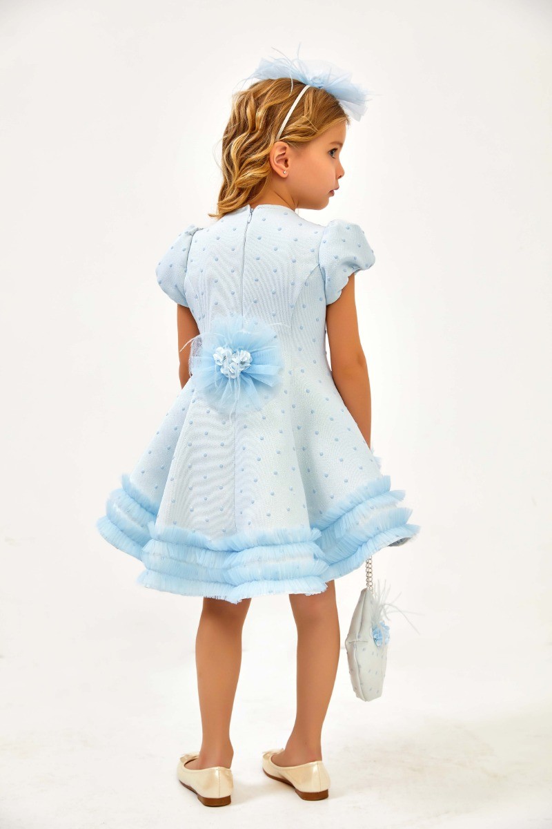 Kız Çocuk Yuvarlak Yaka Kol Büzgülü Mavi Abiye Elbise 3 Parça