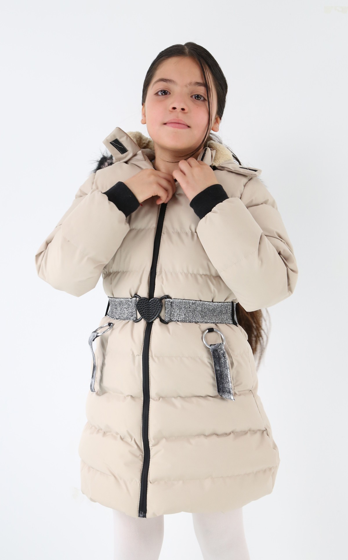 Kız Çocuk Kışlık Kapşonlu Polar Astarlı Mont - Kemik
