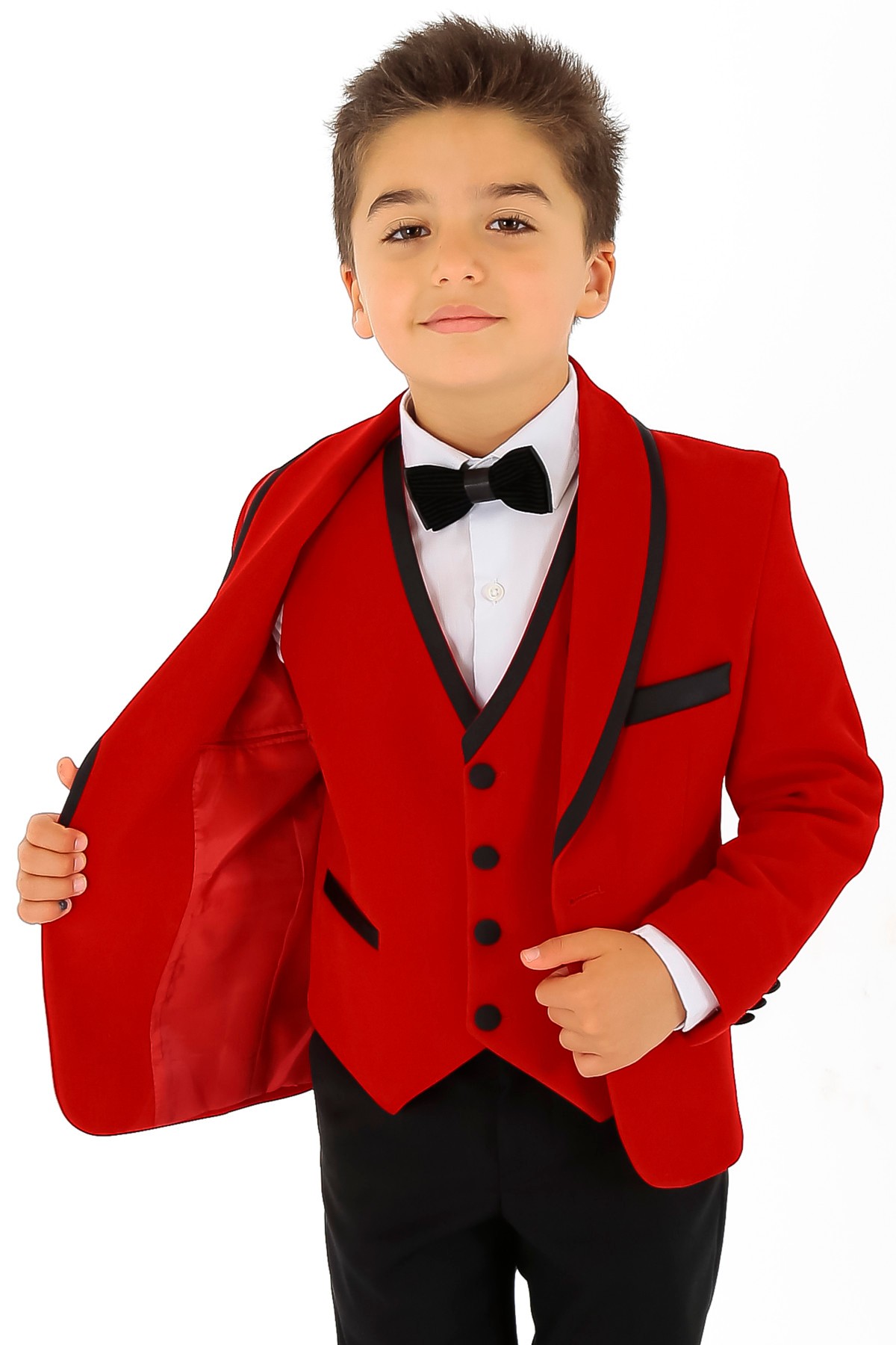 Erkek Çocuk Kadife Biyeli 3 Parça Takım Elbise - Kırmızı