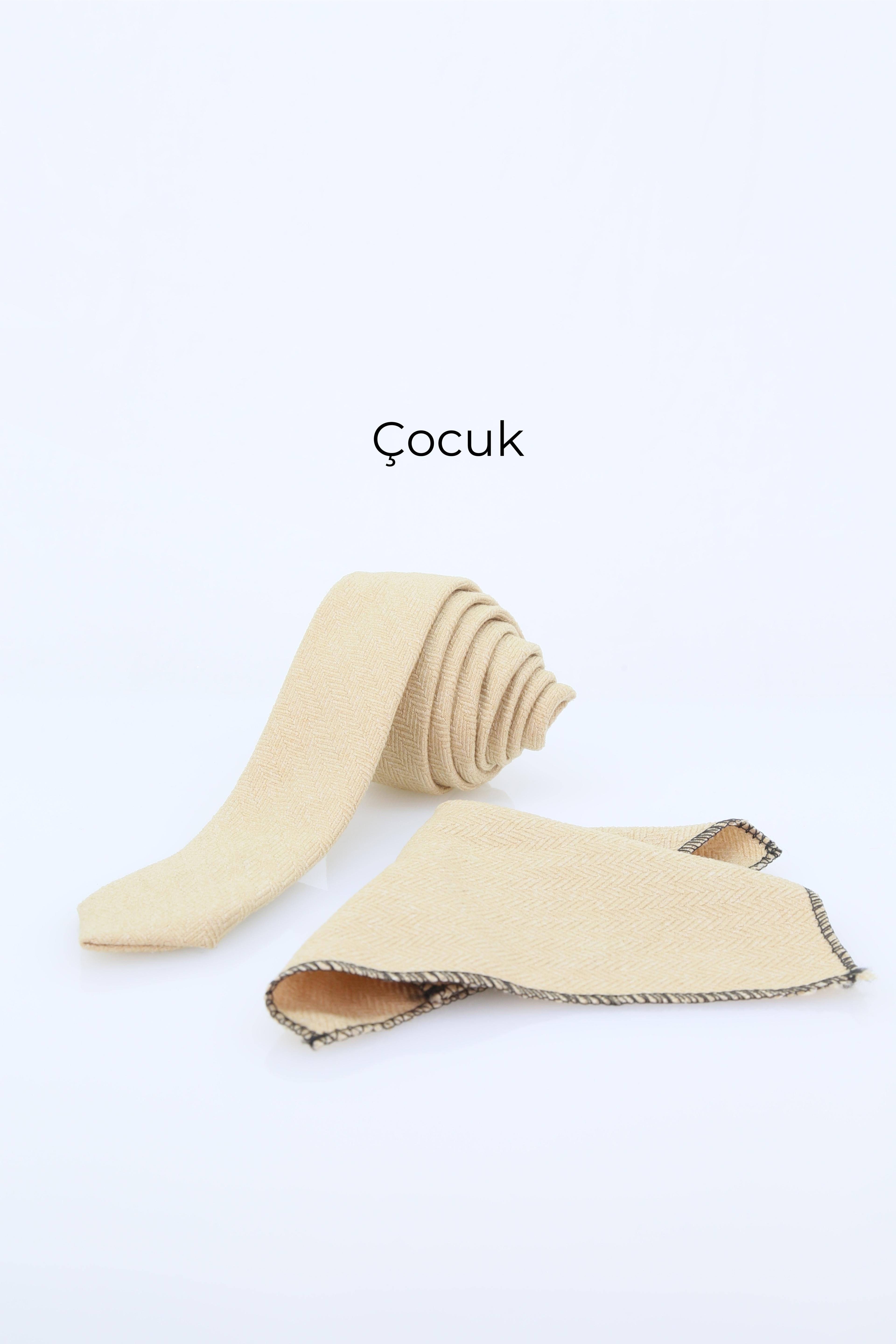 Erkek Çocuk ve Yetişkin için Yün Kravat ve Mendil Set Çocuk-(120x5cm) Yetişkin-(145x6cm)  - Bej