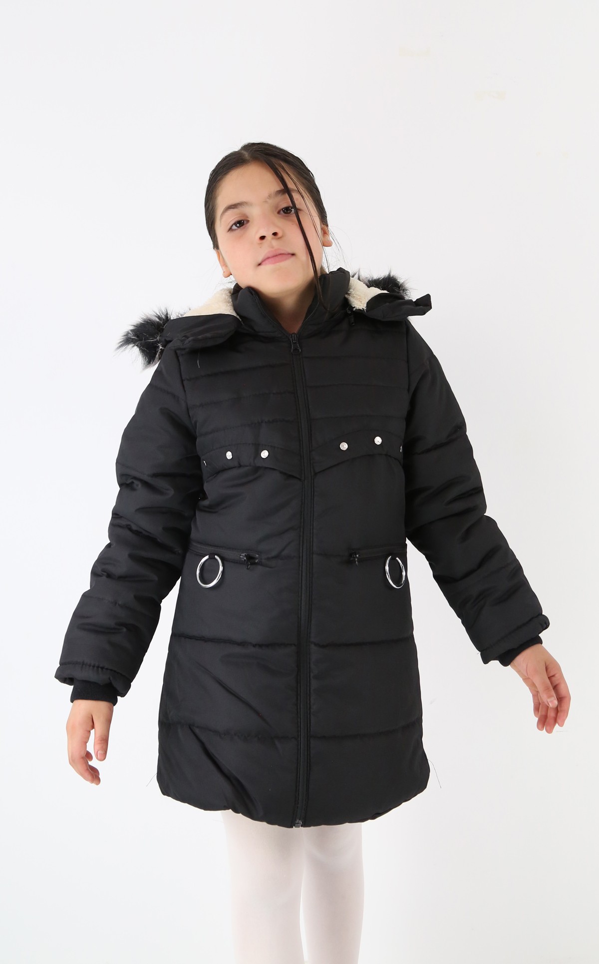 Polarlı Kışlık Kız Çocuk Montu - Starlet - Siyah