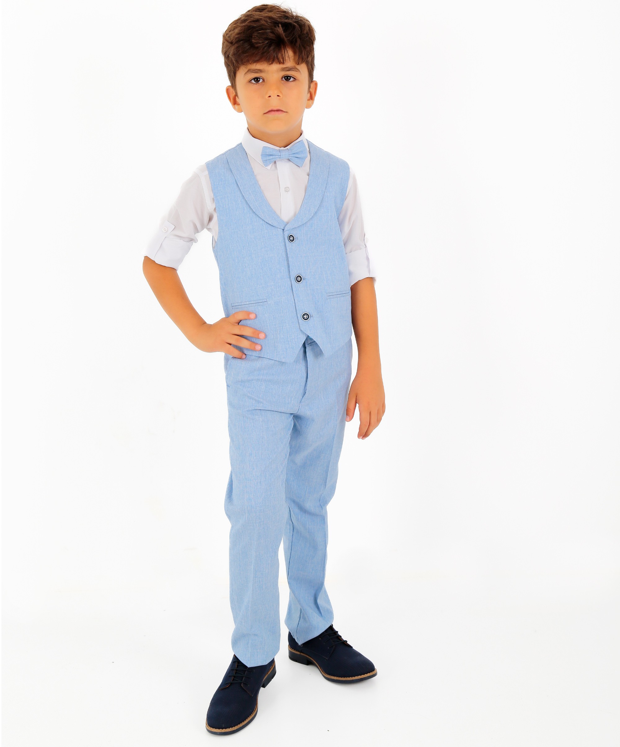 Erkek Çocuk 4 Parça Yelek Takım | Yelek, Pantolon, Gömlek, Papyon - Mavi