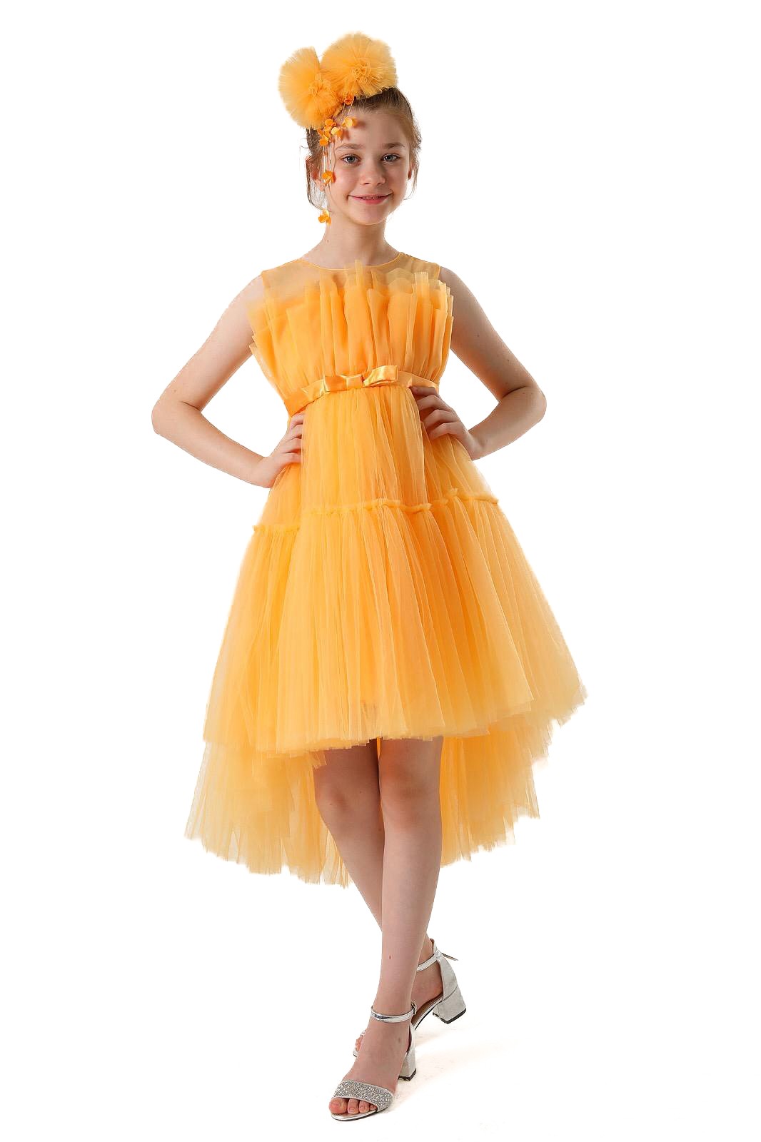 Kız Çocuk Yuvarlak Yaka Sıfır Kol Asimetrik Kısa Abiye Elbise 2 Parça - Portakal