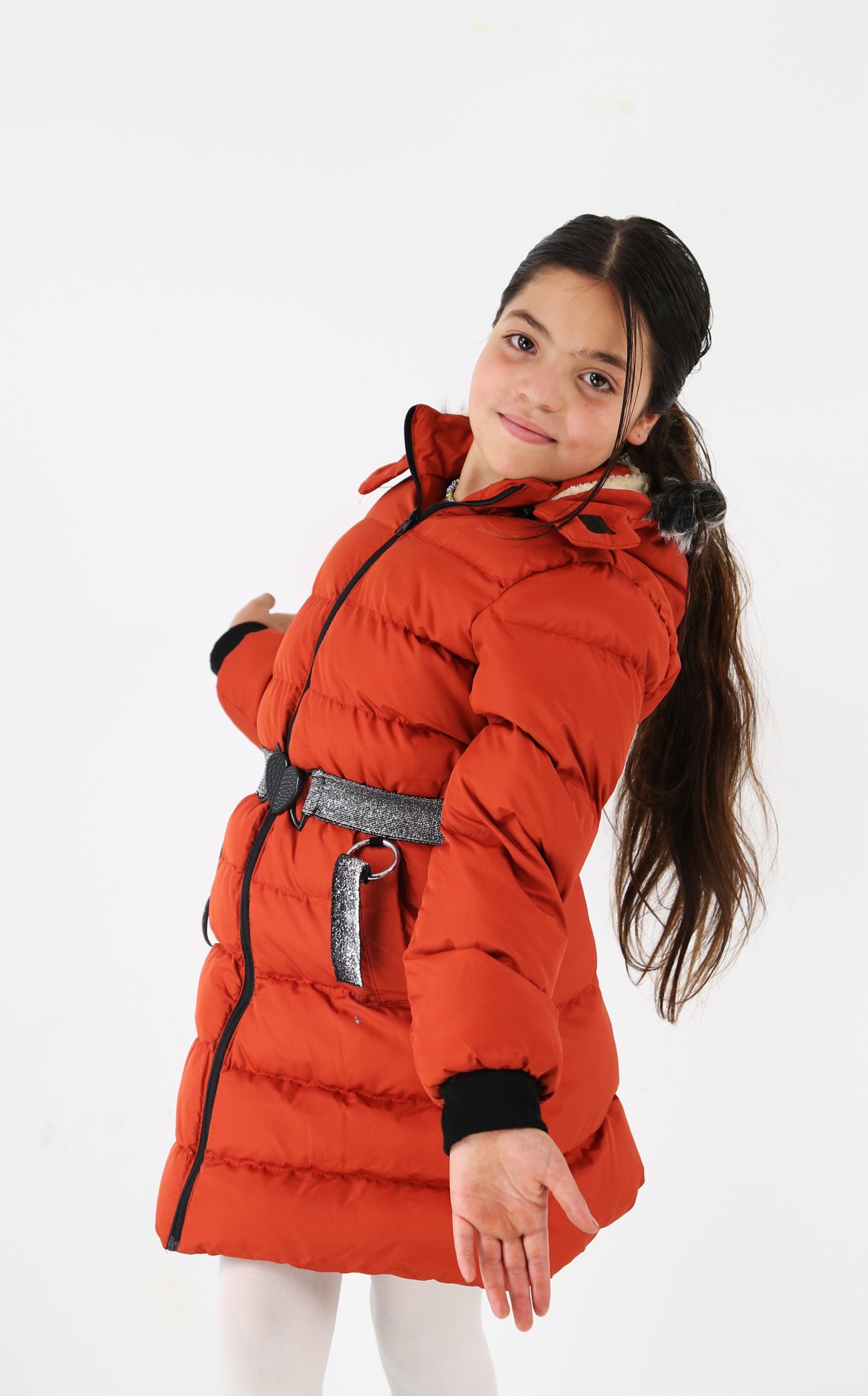 Kız Çocuk Kışlık Kapşonlu Polar Astarlı Mont - Kremit