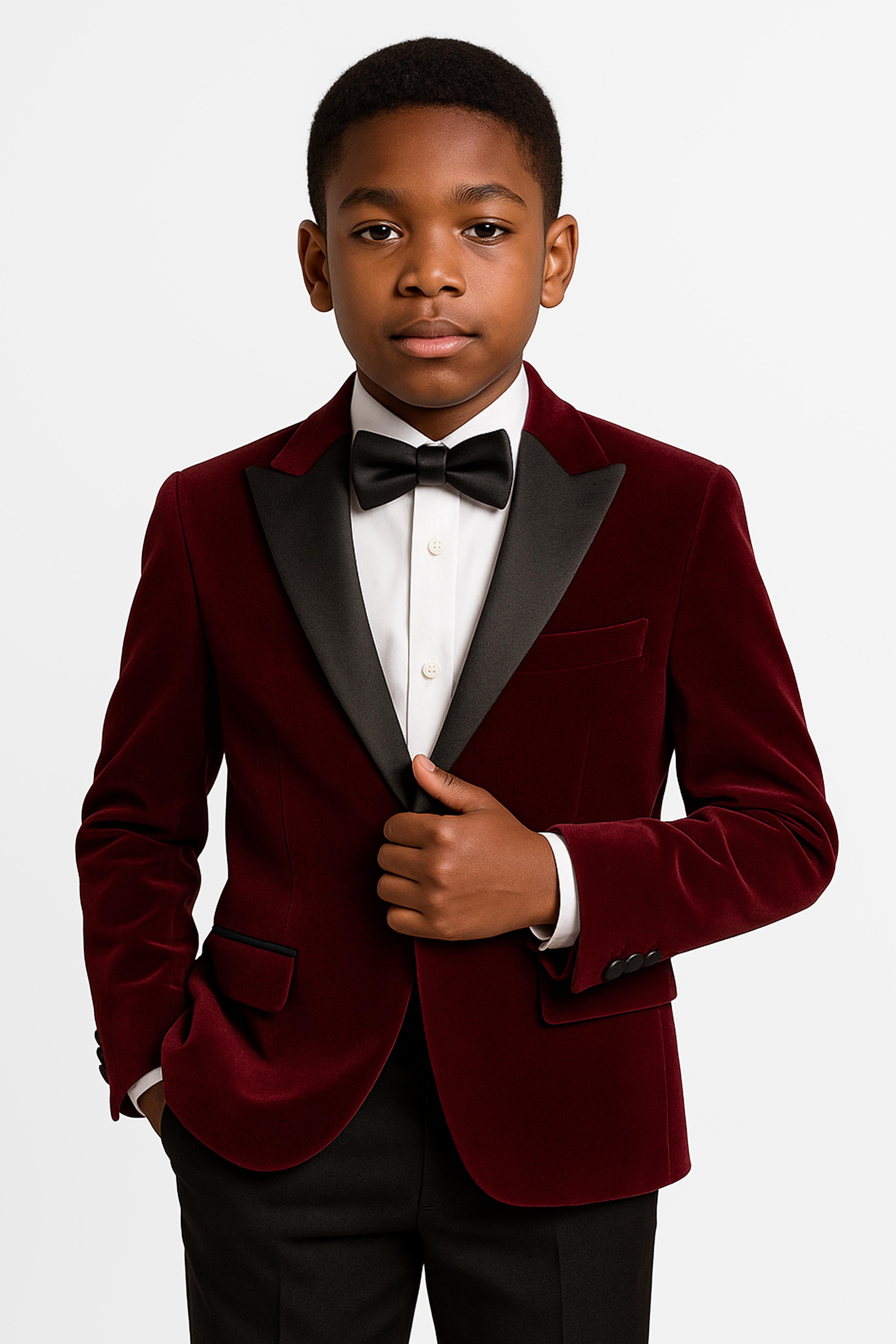 Erkek Çocuk Siyah Kadife Damatlık Blazer Ceket  - Bordo