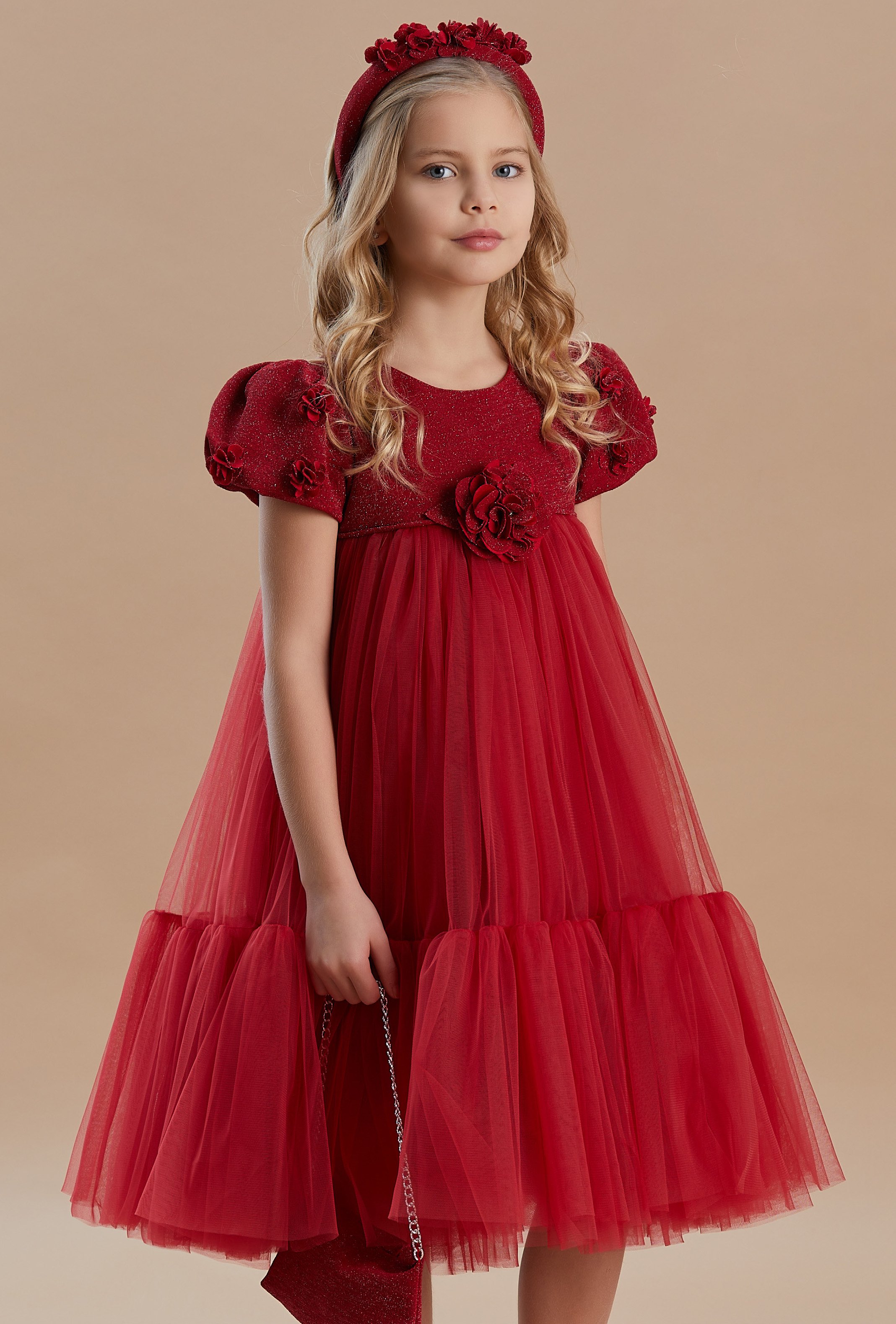Kız Çocukları İçin Çiçek Detaylı Tül Abiye Elbiseler - Mevsimlik Koleksiyon - Kırmızı