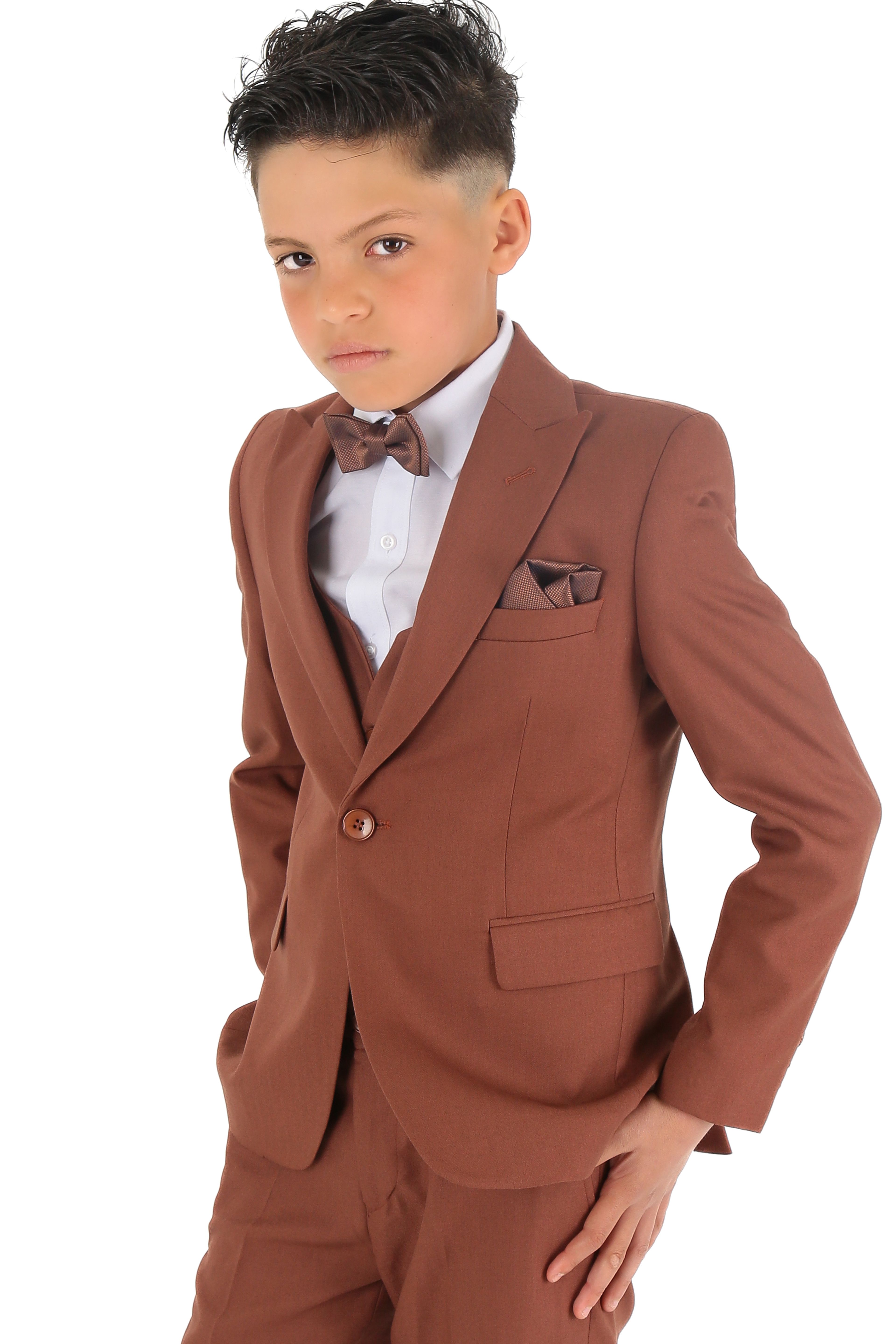1-15 Yaş Erkek Çocuk King Özel Tasarım Takım Elbise 6 Parça - Tarçın