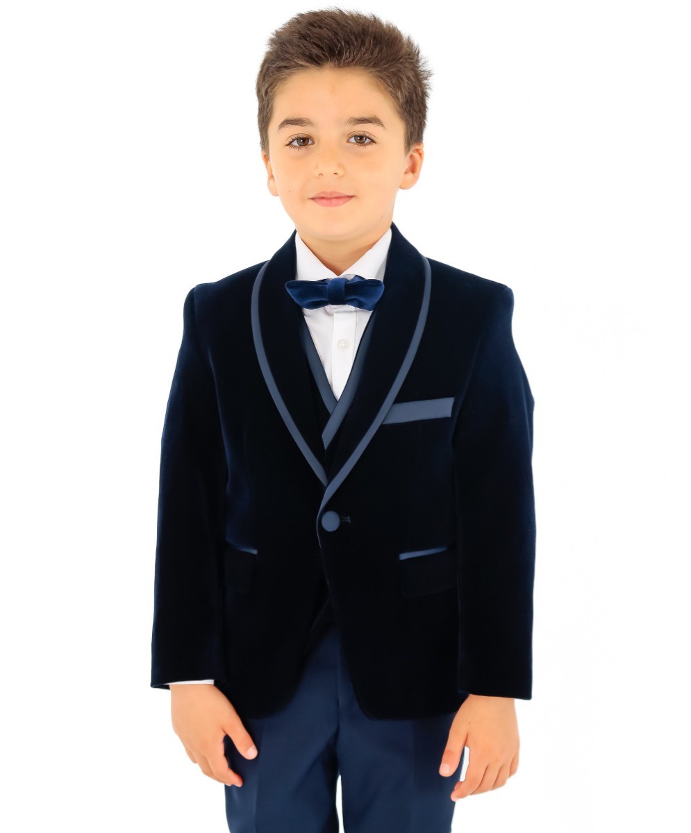 Erkek Çocuk Kadife Biyeli 3 Parça Takım Elbise - Lacivert