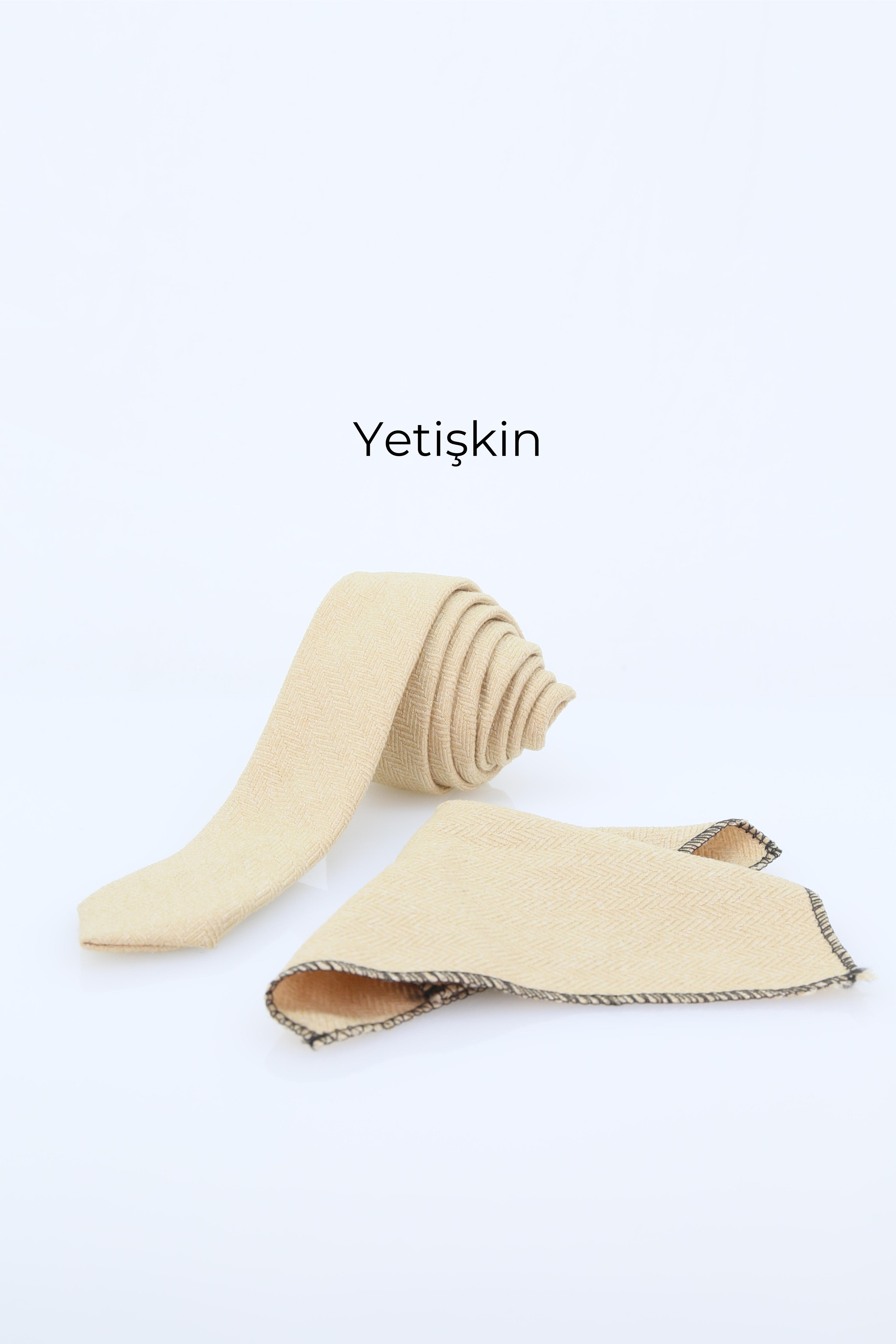 Erkek Çocuk ve Yetişkin için Yün Kravat ve Mendil Set Çocuk-(120x5cm) Yetişkin-(145x6cm)  - Açık bej