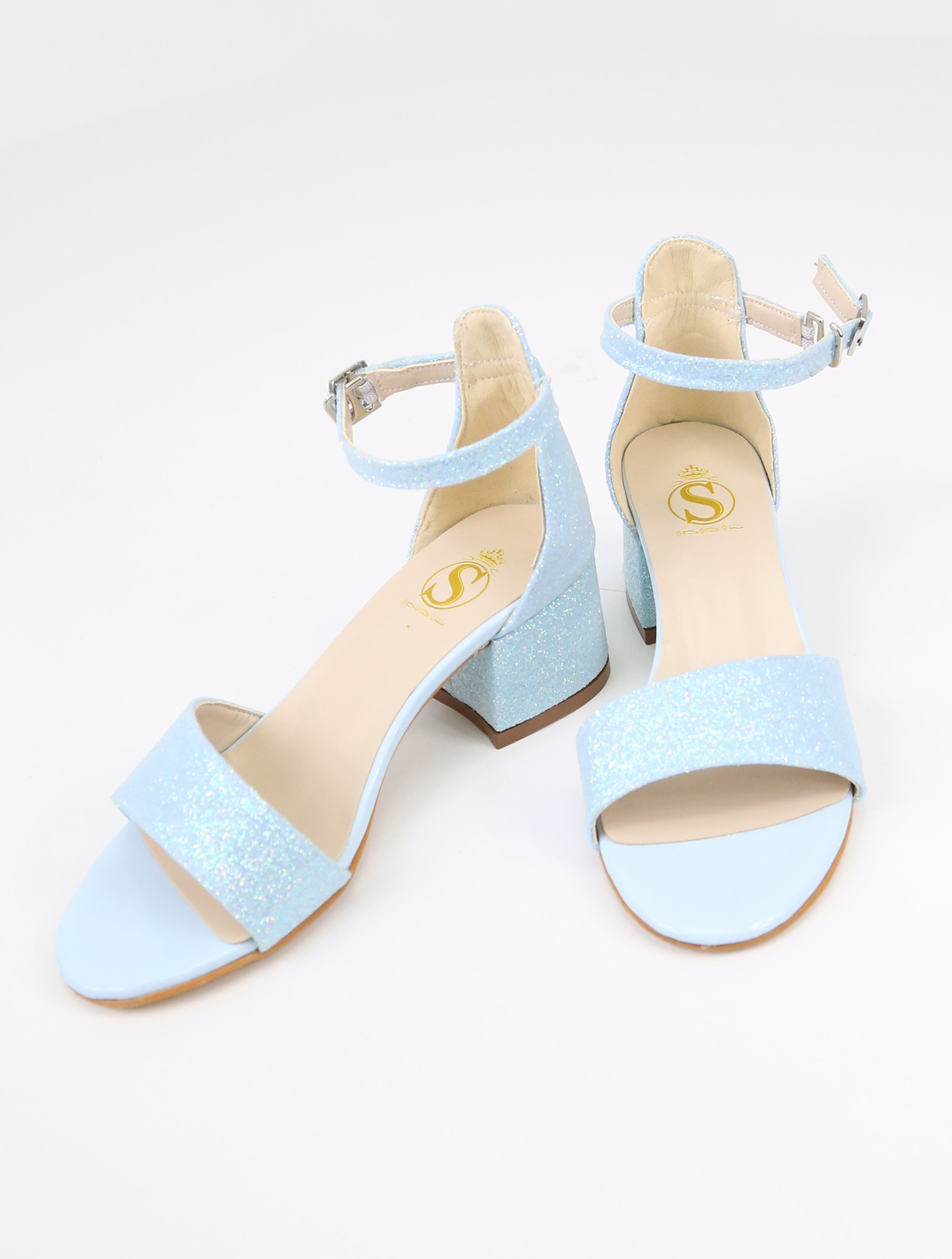 Kız Çocuk Simli Topuklu Sandalet - Hızlı Tak-Çıkar Kayışlı Abiye Ayakkabı - Buz Mavi
