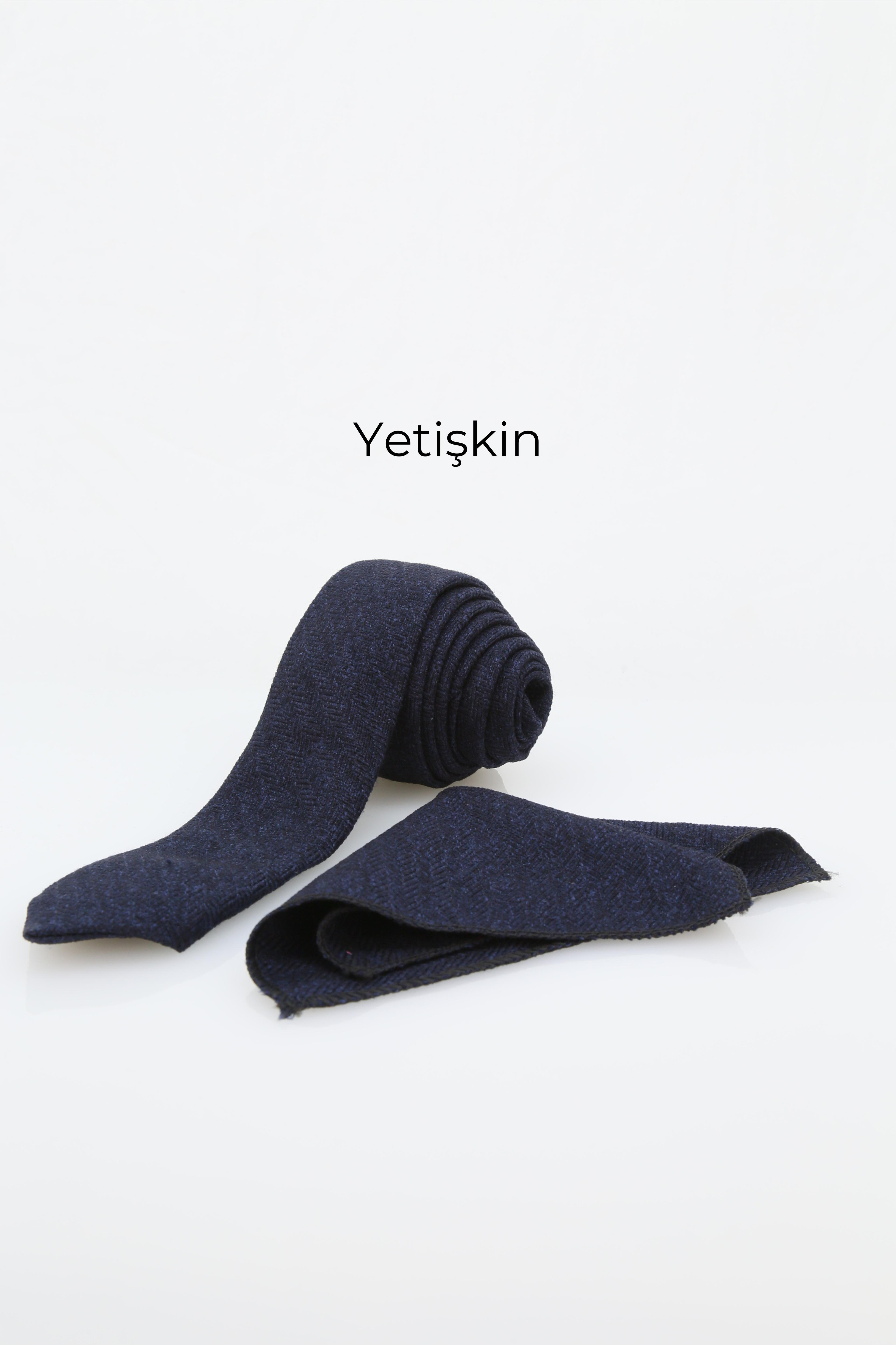 Erkek Çocuk ve Yetişkin için Yün Kravat ve Mendil Set Çocuk-(120x5cm) Yetişkin-(145x6cm)  - Koyu lacivert.