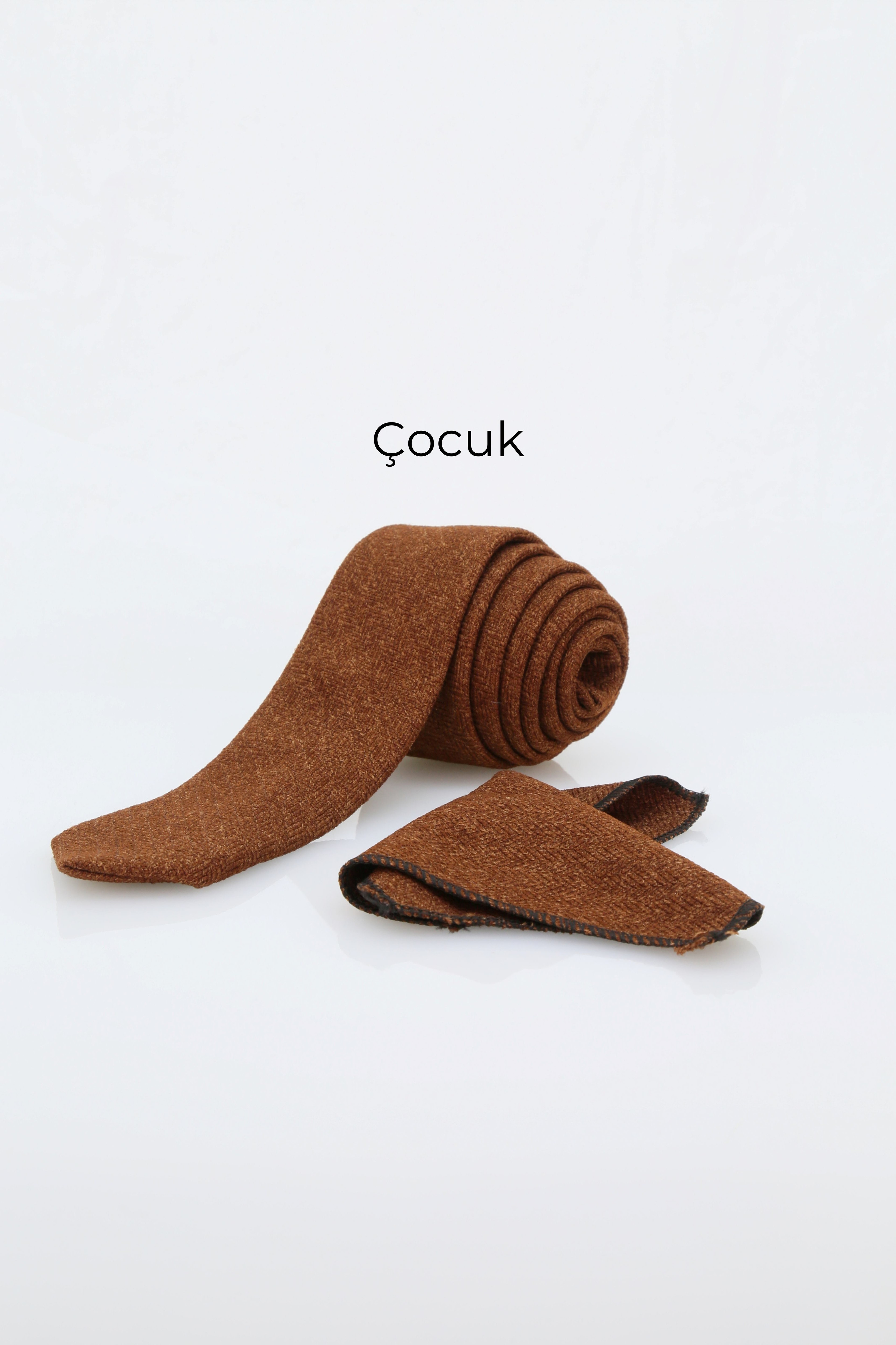 Erkek Çocuk ve Yetişkin için Yün Kravat ve Mendil Set Çocuk-(120x5cm) Yetişkin-(145x6cm)  - Kremit