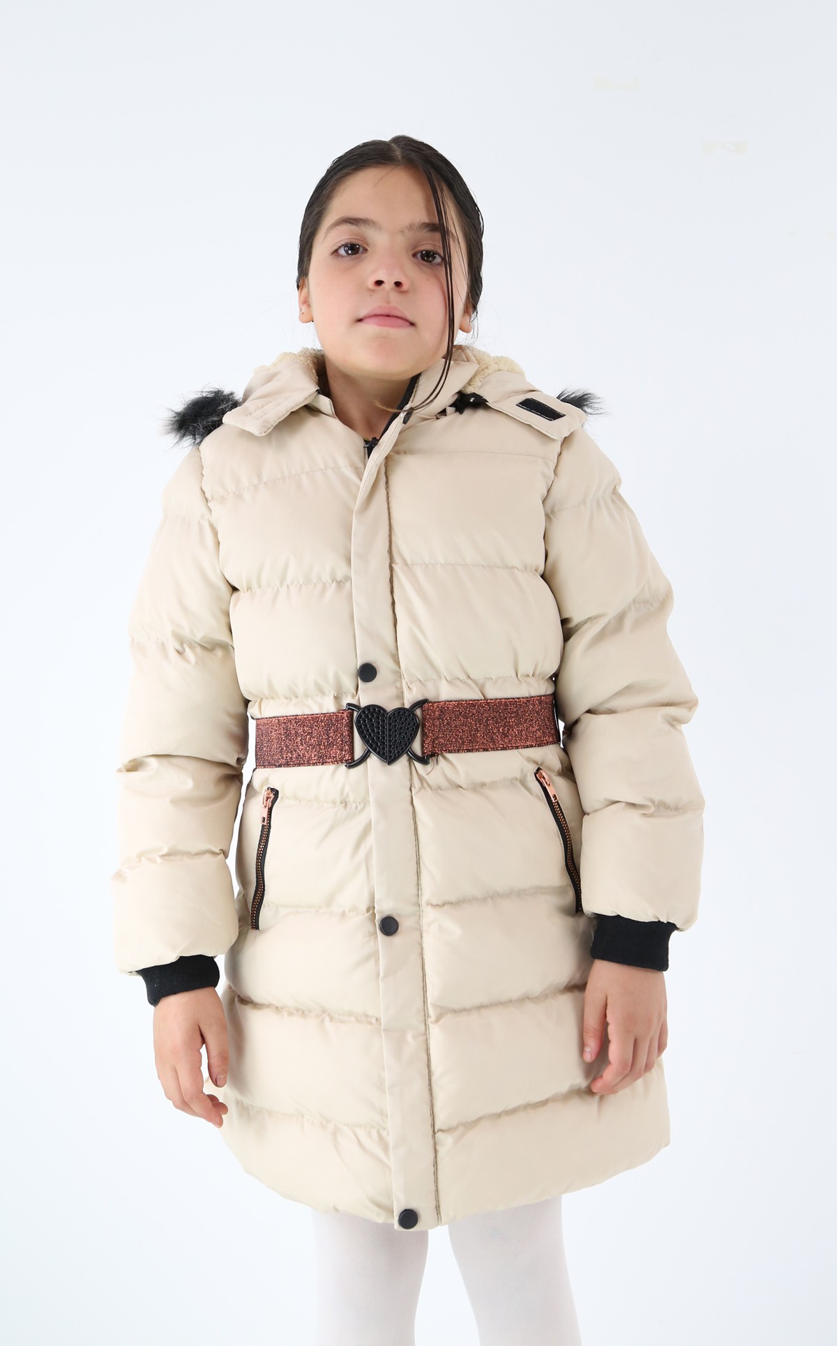 Polarlı Kışlık Kız Çocuk Montu - Snowbelle - Krem