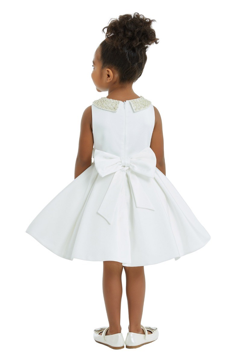 Kız Çocuk Bebe Yaka Sıfır Kol Beyaz Saten Abiye Elbise
