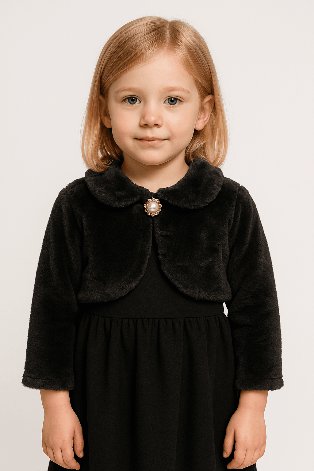  Kız Çocuk Luna Uzun Kollu Şık Peluş Bolero Ceket - Siyah