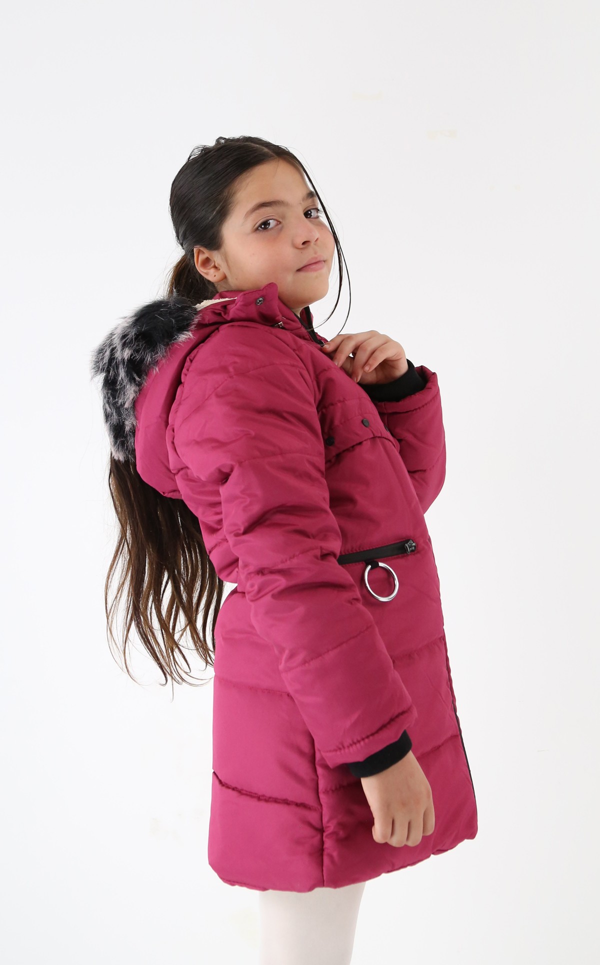 Polarlı Kışlık Kız Çocuk Montu - Starlet - Fusya