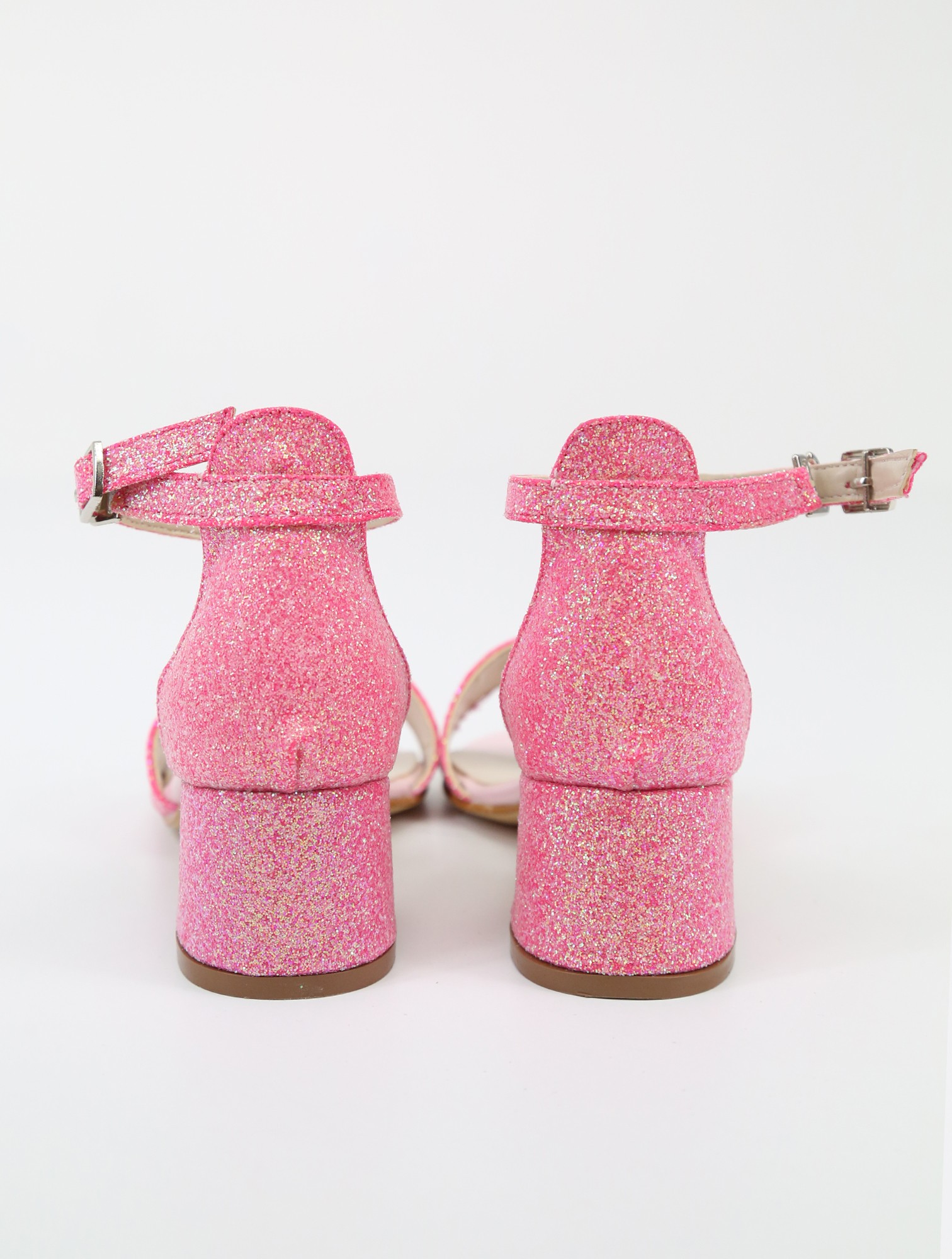 Kız Çocuk Simli Topuklu Sandalet - Hızlı Tak-Çıkar Kayışlı Abiye Ayakkabı - Koyu Pembe