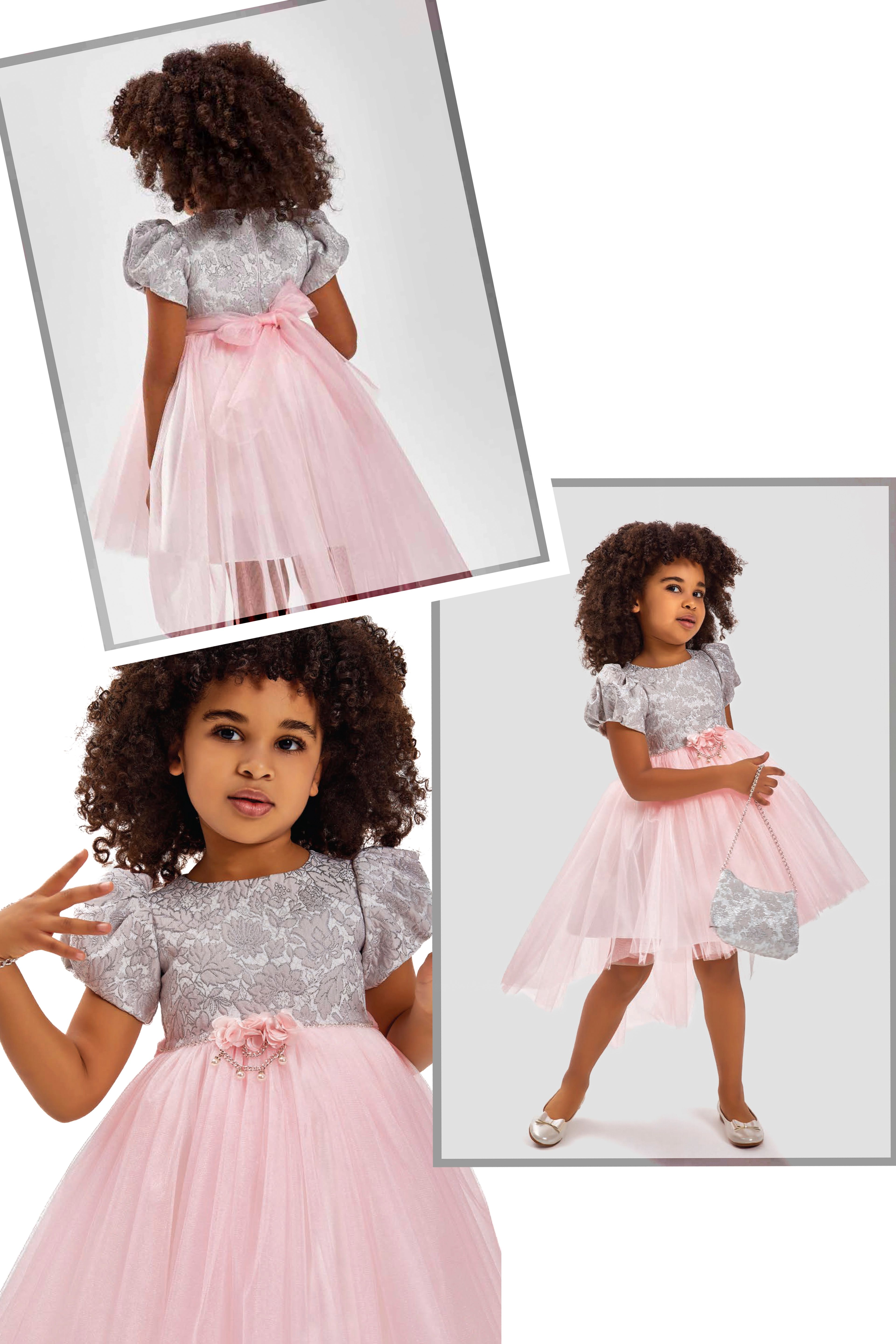 Kız Çocuk Yuvarlak Yaka Balon Kol Asimetrik Gri-Pembe Abiye Elbise 2 Parça