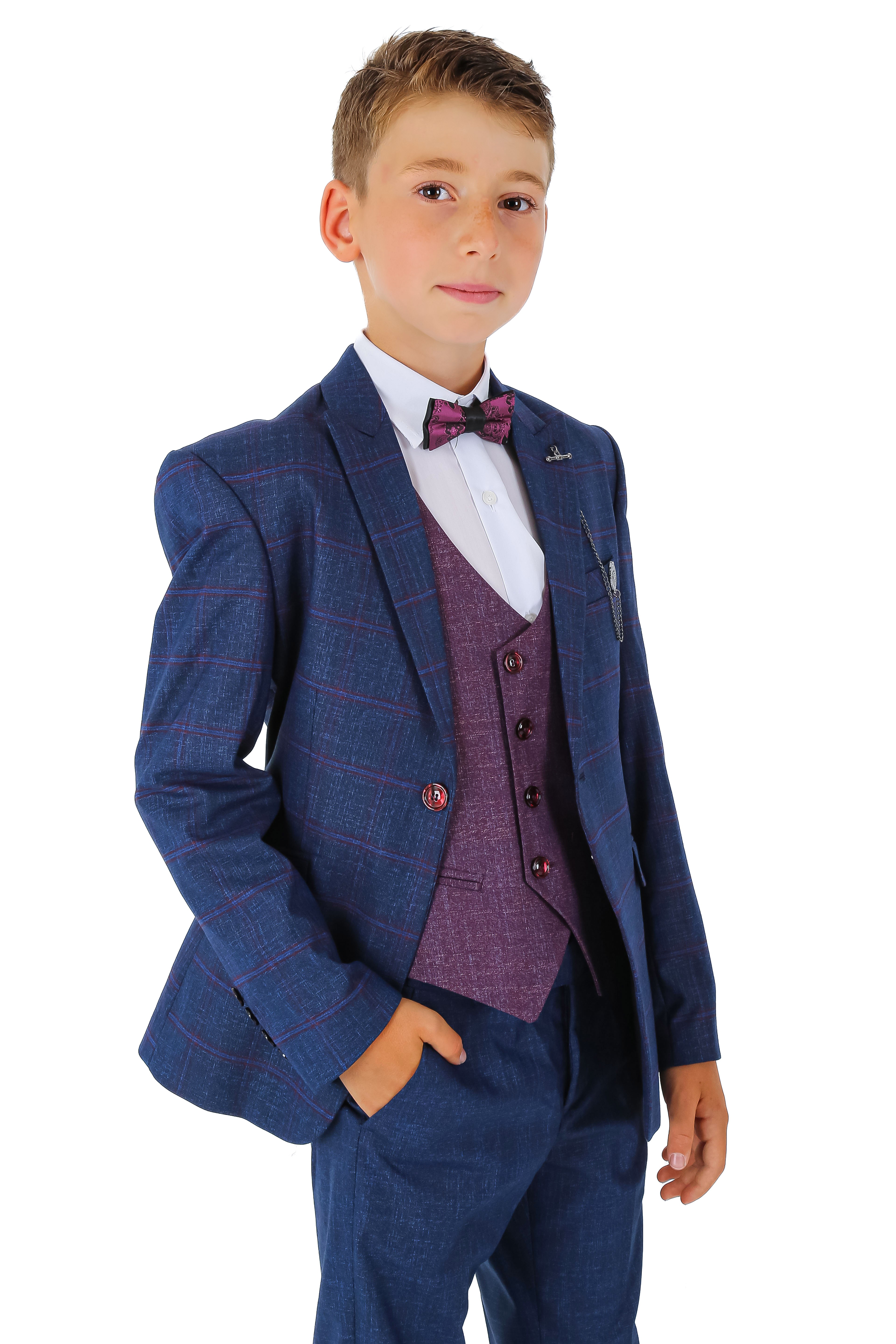 Erkek Çocuk Klasik 3 Parça Ekose Lacivert Takım Elbise