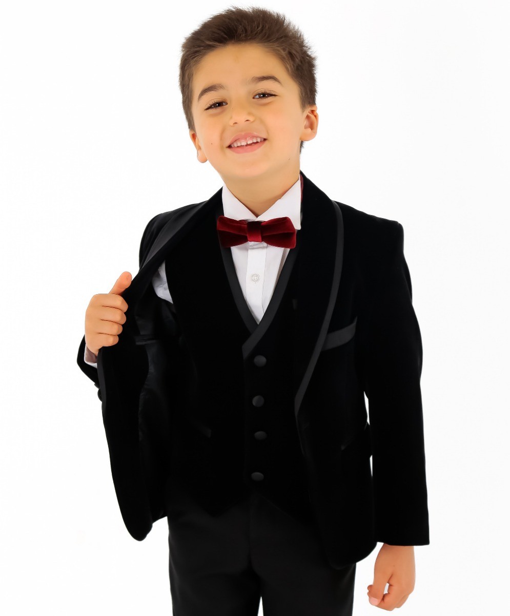 Erkek Çocuk Kadife Biyeli 3 Parça Takım Elbise - Siyah