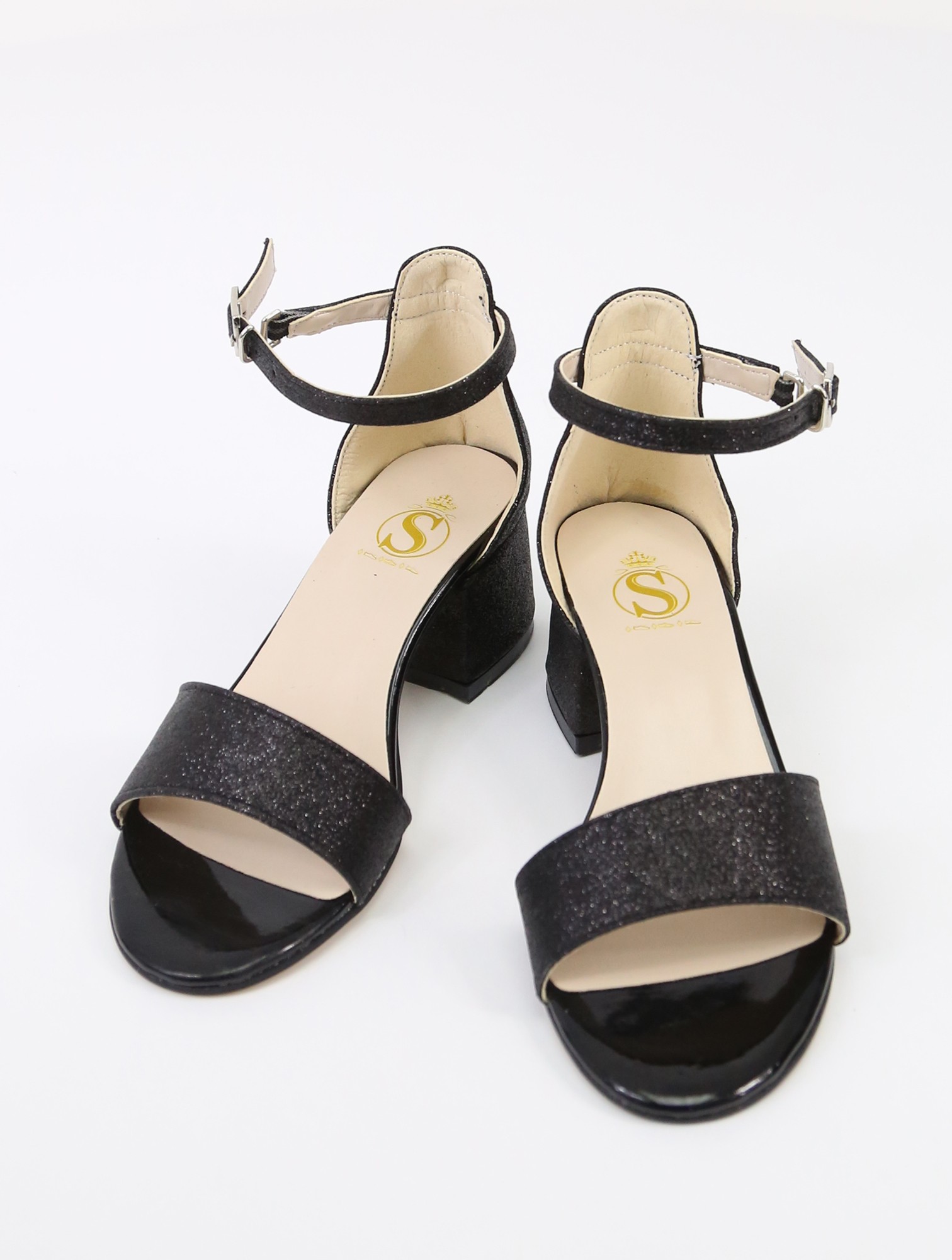 Kız Çocuk Simli Topuklu Sandalet - Hızlı Tak-Çıkar Kayışlı Abiye Ayakkabı - Siyah