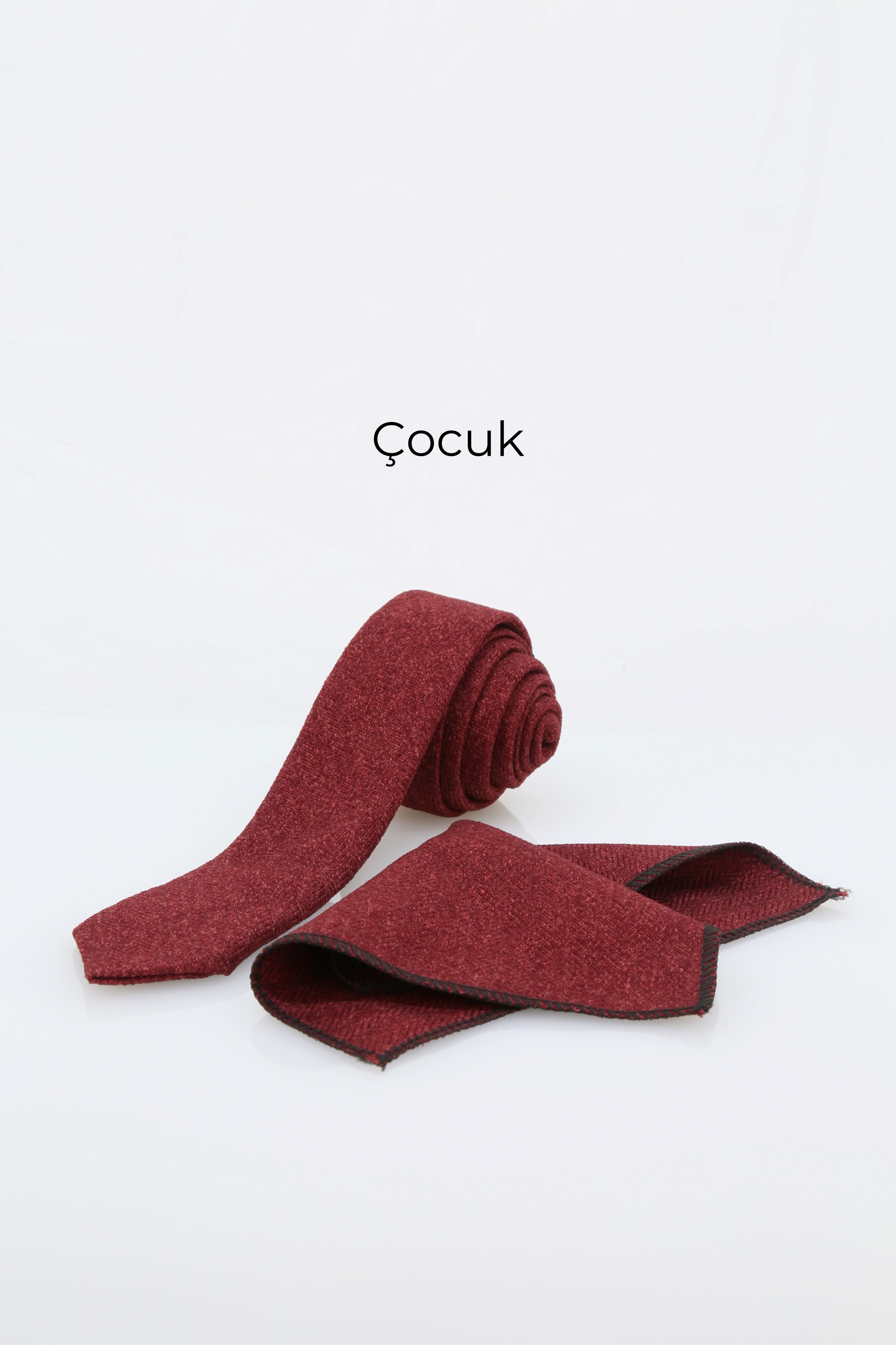 Erkek Çocuk ve Yetişkin için Yün Kravat ve Mendil Set Çocuk-(120x5cm) Yetişkin-(145x6cm)  - Bordo