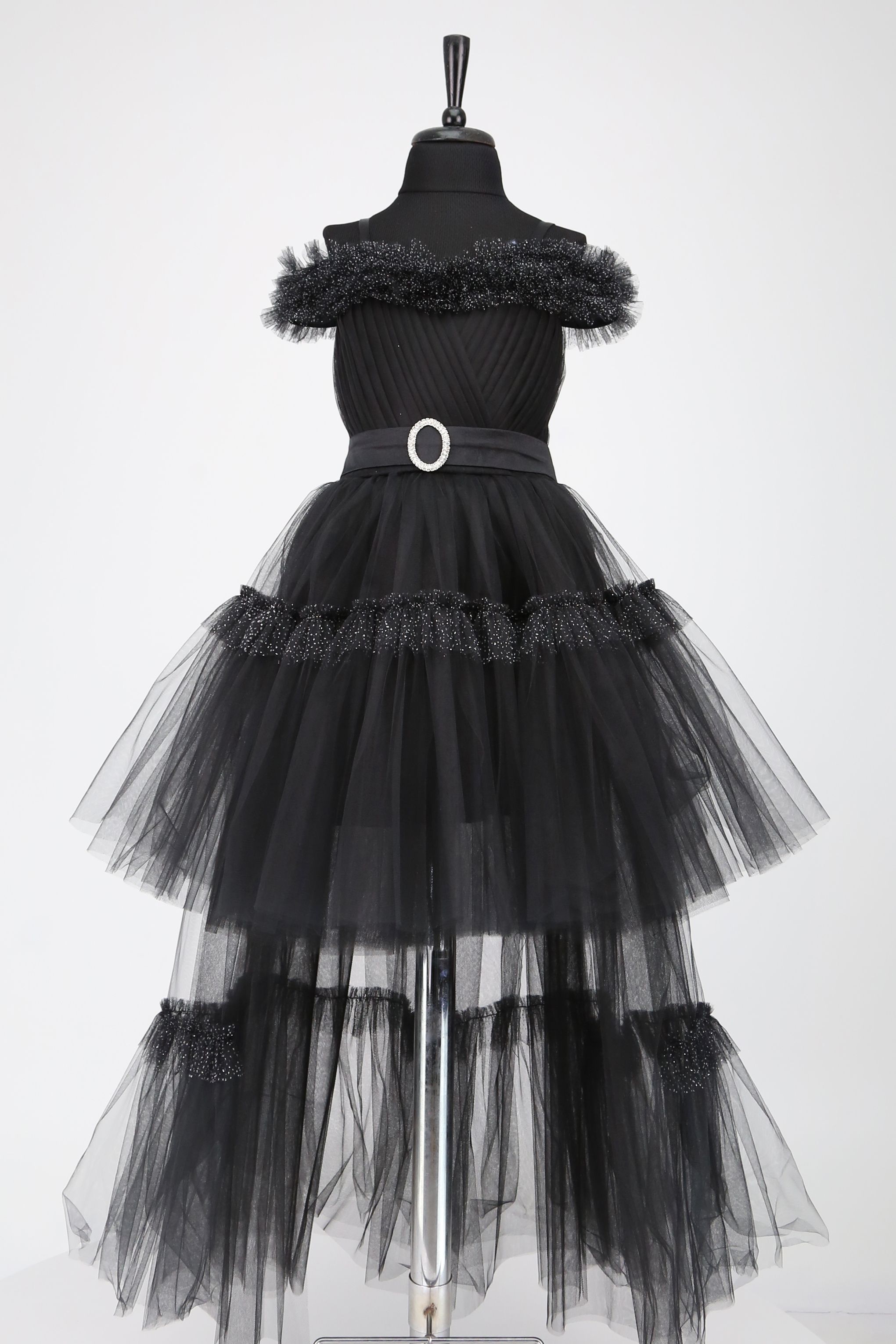 5-12 Yaş Arası Kız Çocukları için Kuyruklu Kabarık Abiye Elbise - Siyah