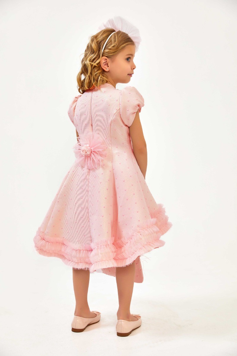 Kız Çocuk Yuvarlak Yaka Balon Kol Asimetrik Pembe Abiye Elbise 3 Parça