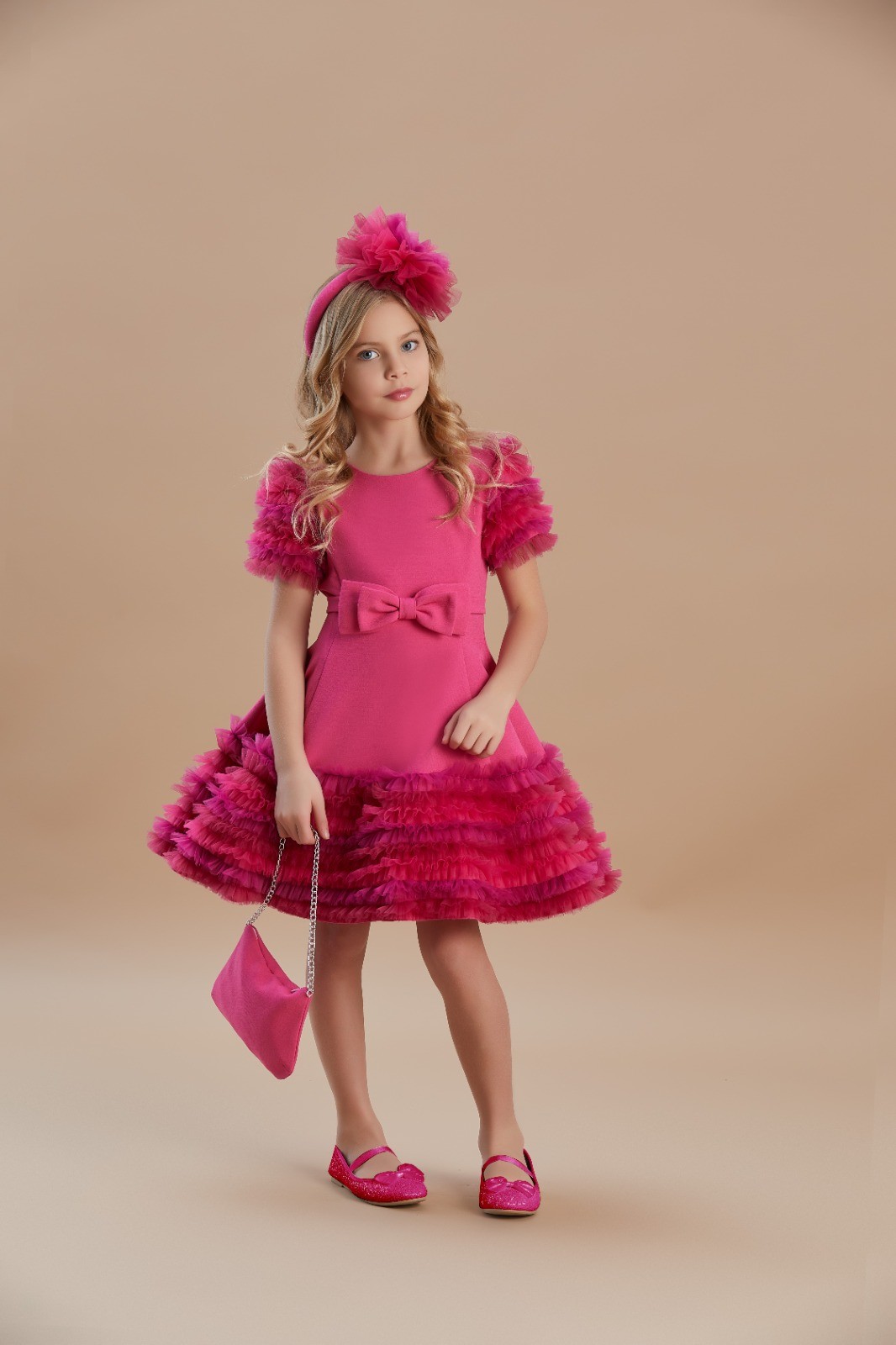  Kız Çocuk Fuşya Barbie Elbisesi -  Özel Tasarım 3 Parça  (6 -11 Yaş)