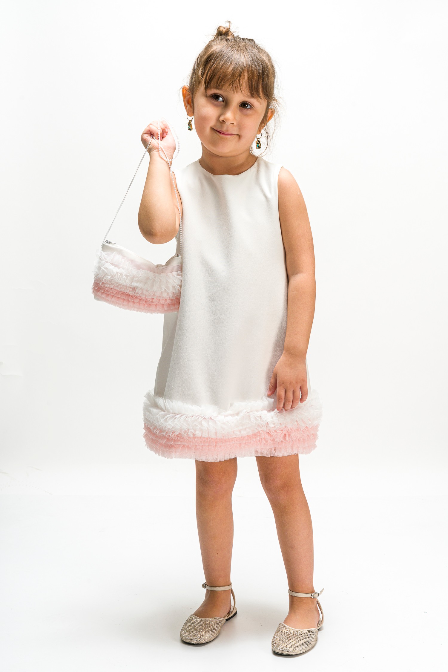 6-18 Aylık Bebek Kızlar İçin Pembe Fırfır Etekli Beyaz Elbise