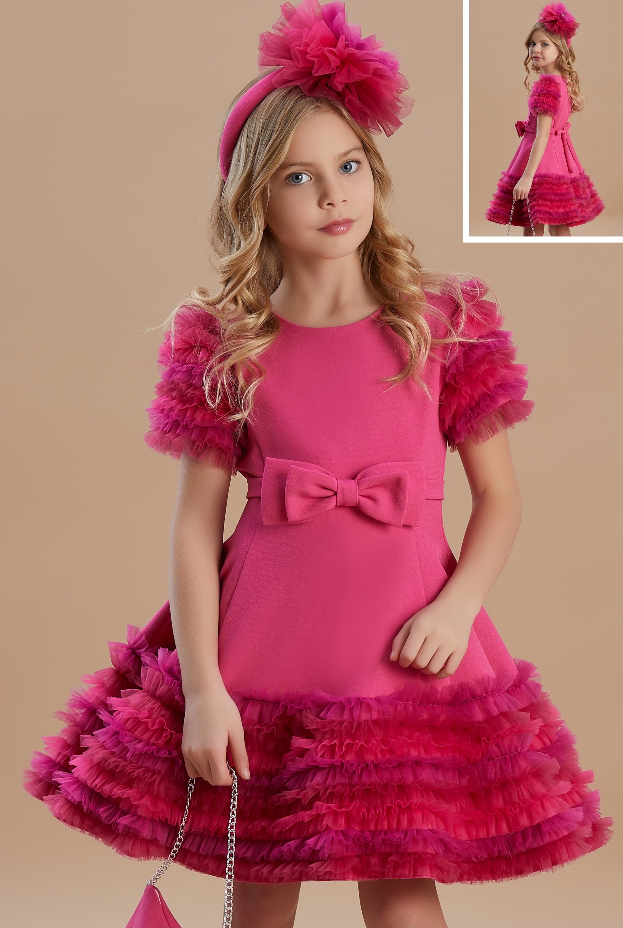  Kız Çocuk Fuşya Barbie Elbisesi -  Özel Tasarım 6-11 Yaş İçin