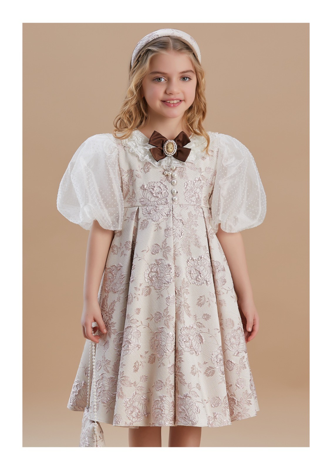Vintage Esintili Dantel Detaylı Kız Çocuk Premium Elbise - 7-12 Yaş