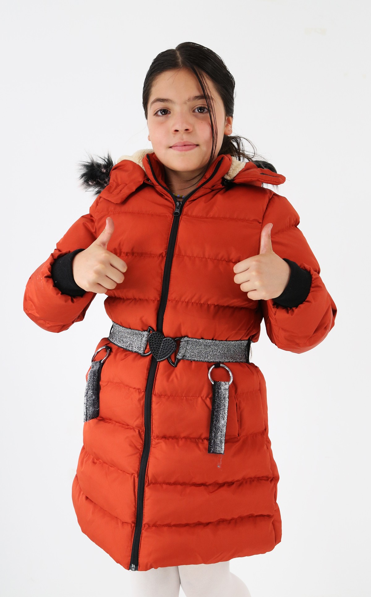 Kız Çocuk Kışlık Kapşonlu Polar Astarlı Mont - Kremit