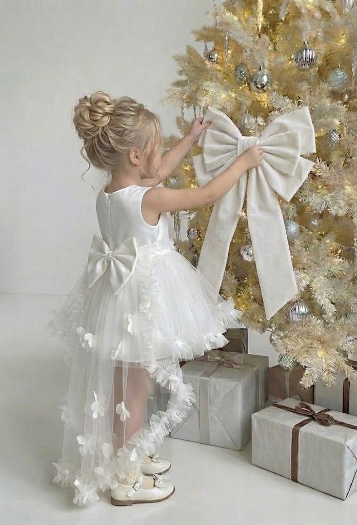 Kız Çocuk Kuyruklu Tül Abiye Elbise 2 Parça (3-7 yaş) - Beyaz