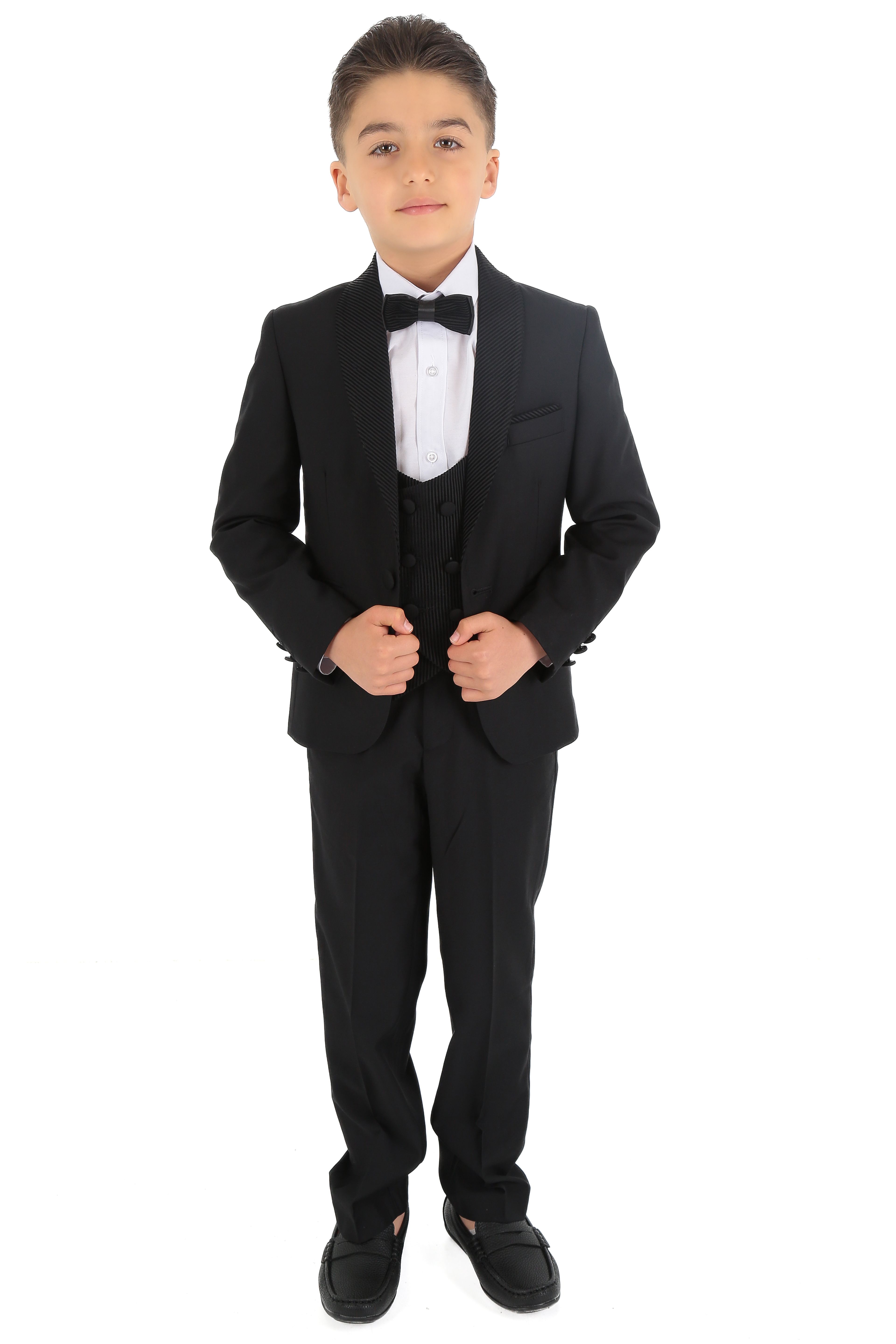 Erkek Çocuk Damatlık Şal Kadife Yaka 3 Parça Takım Elbise - Siyah