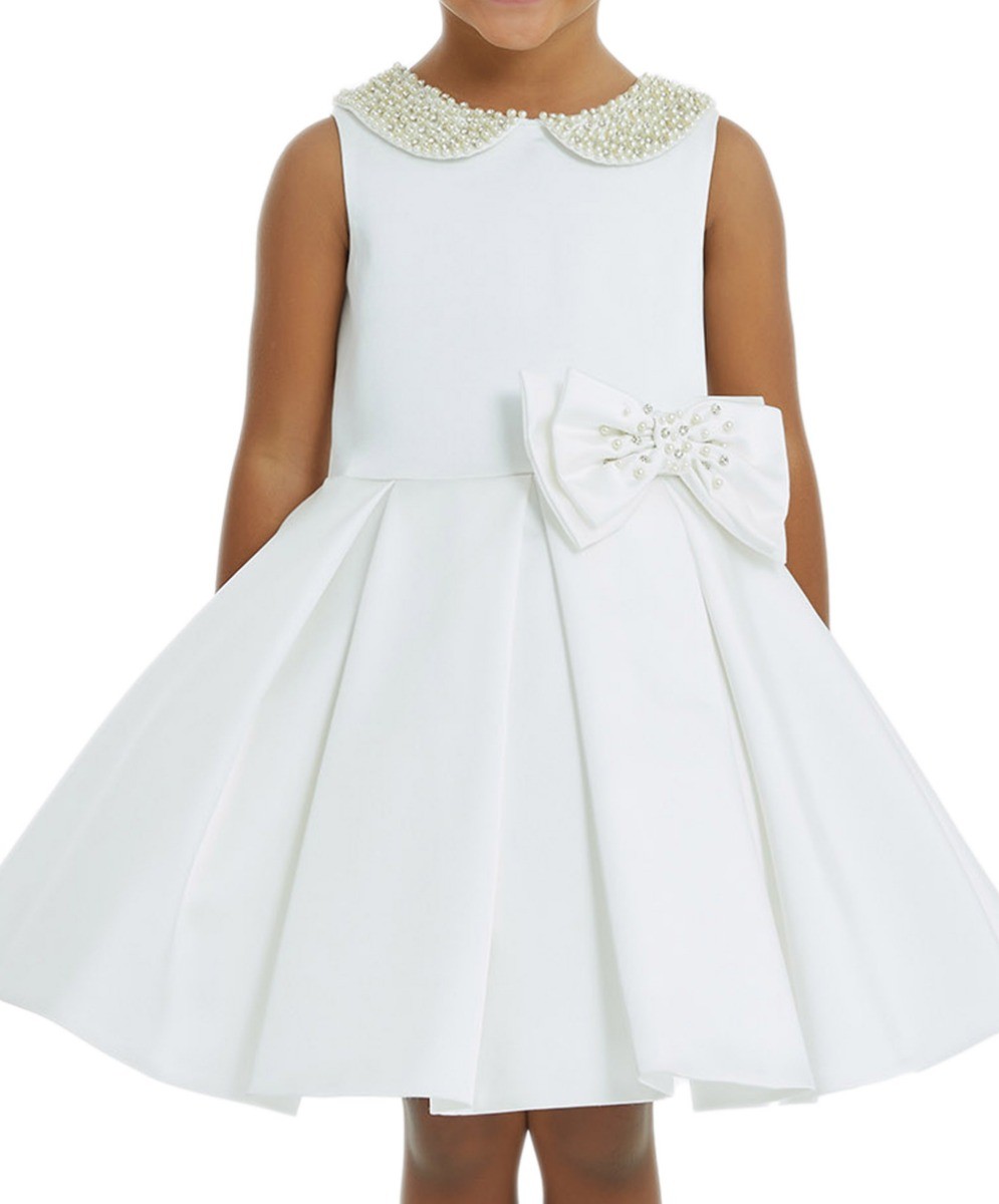 Kız Çocuk Bebe Yaka Sıfır Kol Beyaz Saten Abiye Elbise