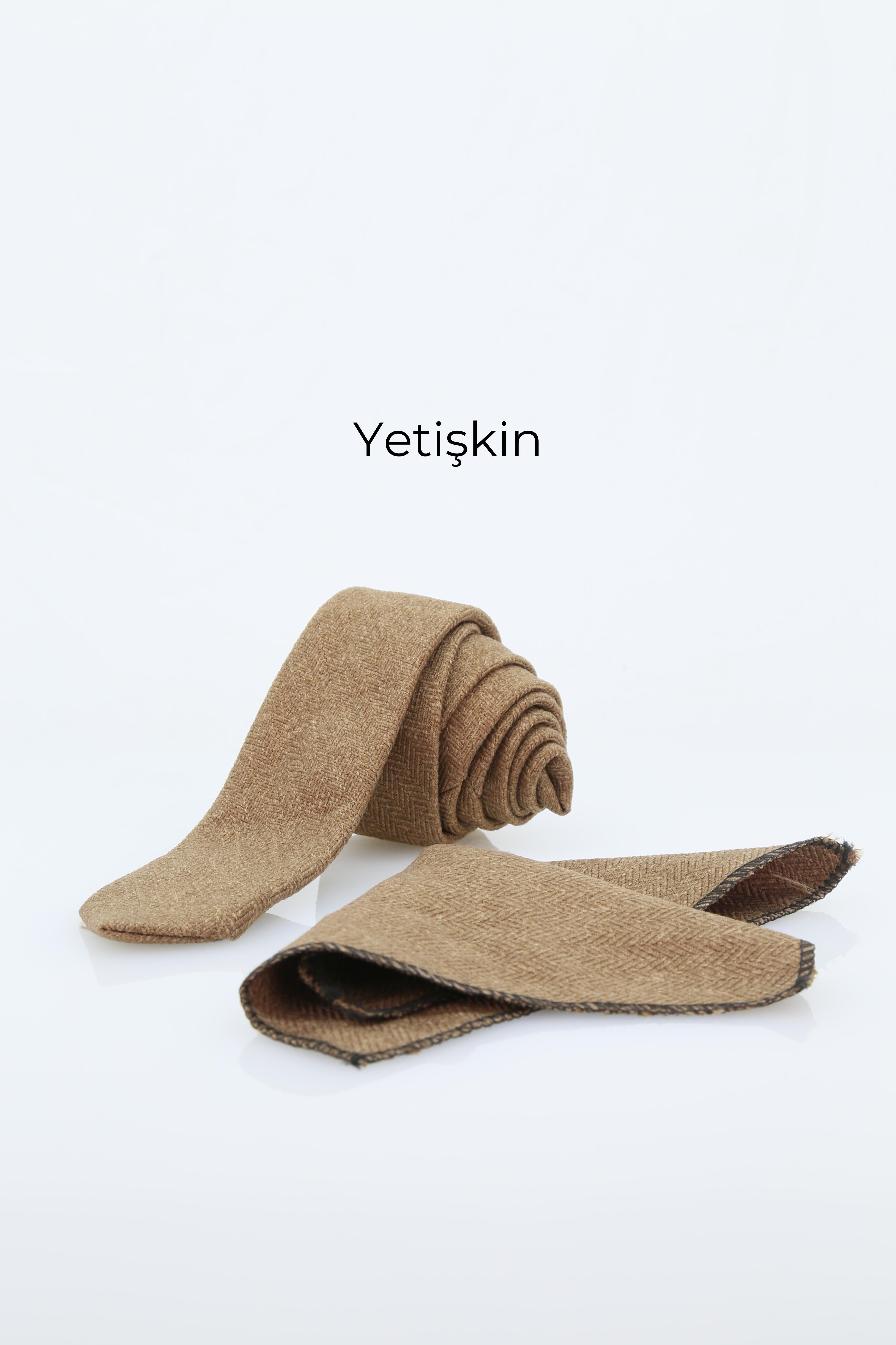 Erkek Çocuk ve Yetişkin için Yün Kravat ve Mendil Set Çocuk-(120x5cm) Yetişkin-(145x6cm)  - Kahverengi.